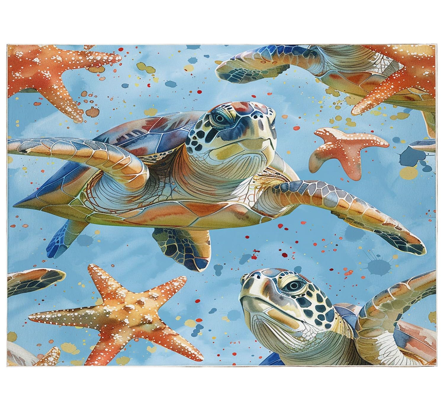 Tapis de Décoration ThèMe éToile de Mer Aquarelle Tortue de Mer, 120 x 170 cm Antidérapant à Poils Courts Doux Tapis, Multi Moquette de Chambre à Poils Ras, Paillasson Intérieur - pour Salon