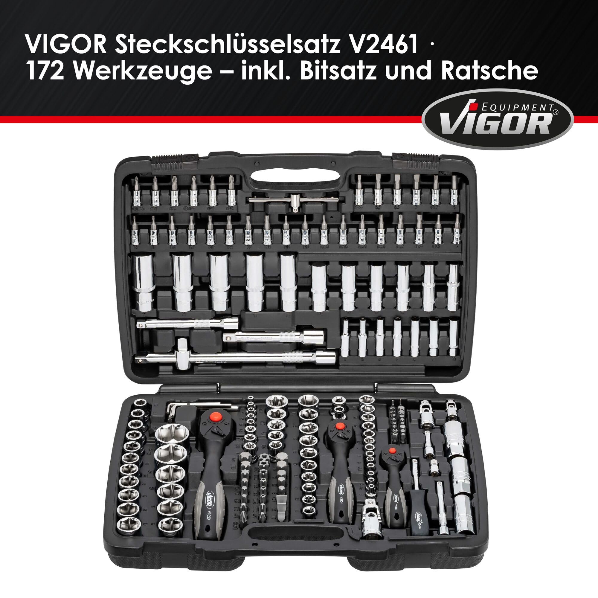 ViGOR Steckschlüsselsatz V2461 I 172-teiliges Werkzeug-Set, Antrieb: Sechs- und Vierkant, Abtrieb-Profile unter anderem: Innen- und Außen Sechskant, Kreuz- Schlitz und Pozidriv