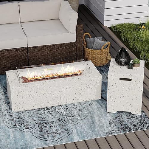 Miniatura 7 de SUNBURY Mesa de fuego de propano para exteriores de 42 pulgadas, mesa rectangular con tanque de 40,000 BTU, mesa de gas blanca manchada para patio
