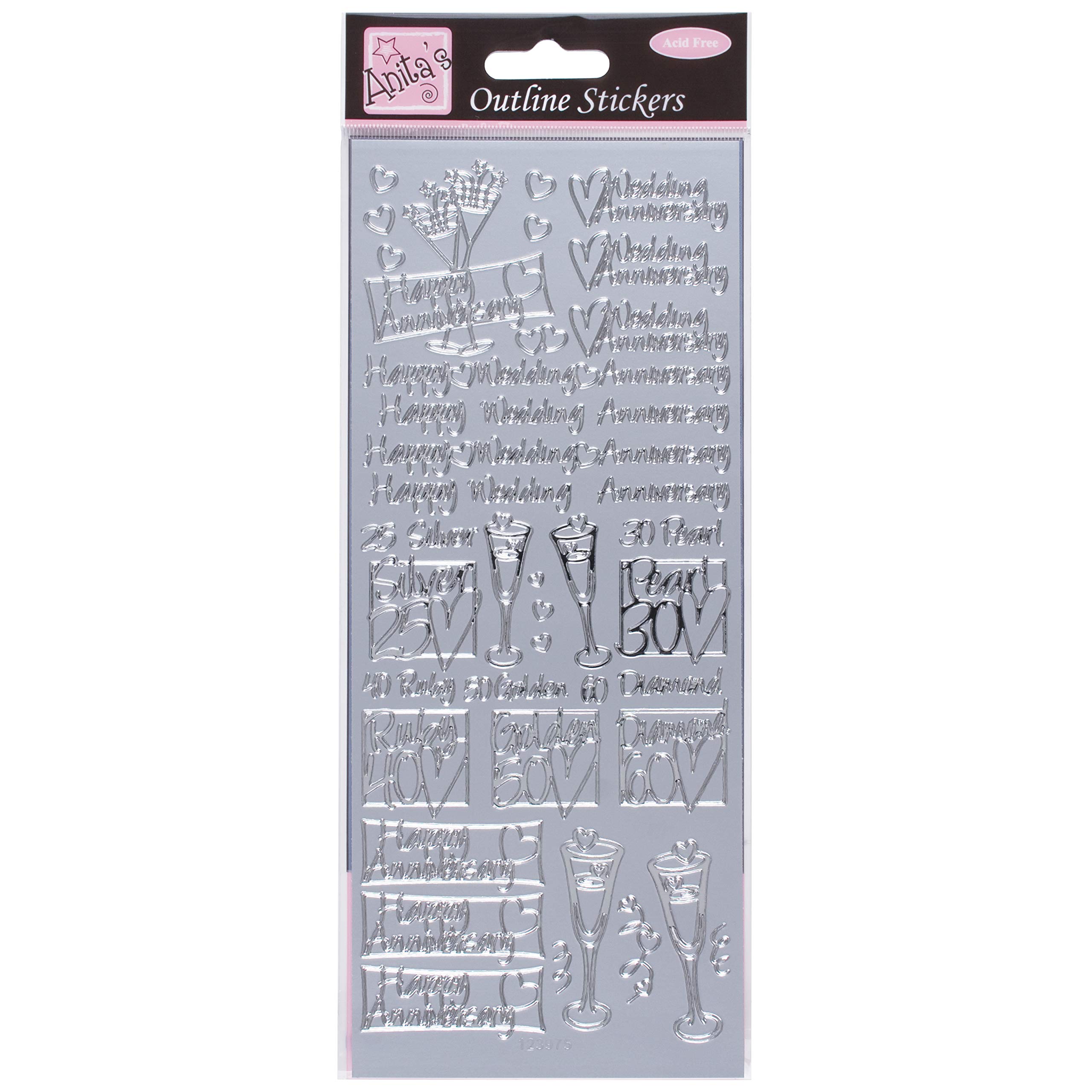Anitas Outline Stickers, Wedding Anniversary, Silver, For Scrapbooking, Card Making, Kids Play, Homework, Art, Craft, Embelish, Decorative, Paper, Card, Glass, Metal, Plastic, Foam
