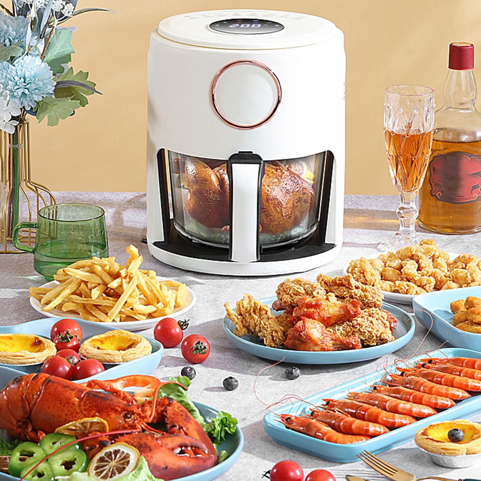 Freidora de aire de gran capacidad de 5 l, horno eléctrico multifunción transparente, totalmente automático, inteligente, de vidrio para el hogar, 1000 W (color: blanco, tamaño: perilla superior)