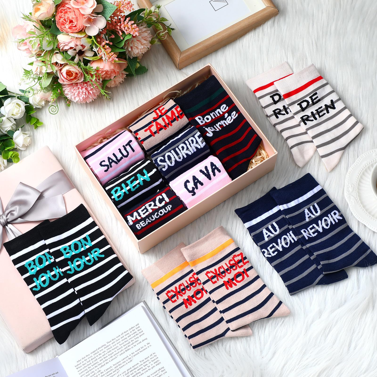 Glitopper 12 Pairs French Socks for Women Men Novelty French Language Sock Paris Gift for Traveler France Lover US Size 6-12
