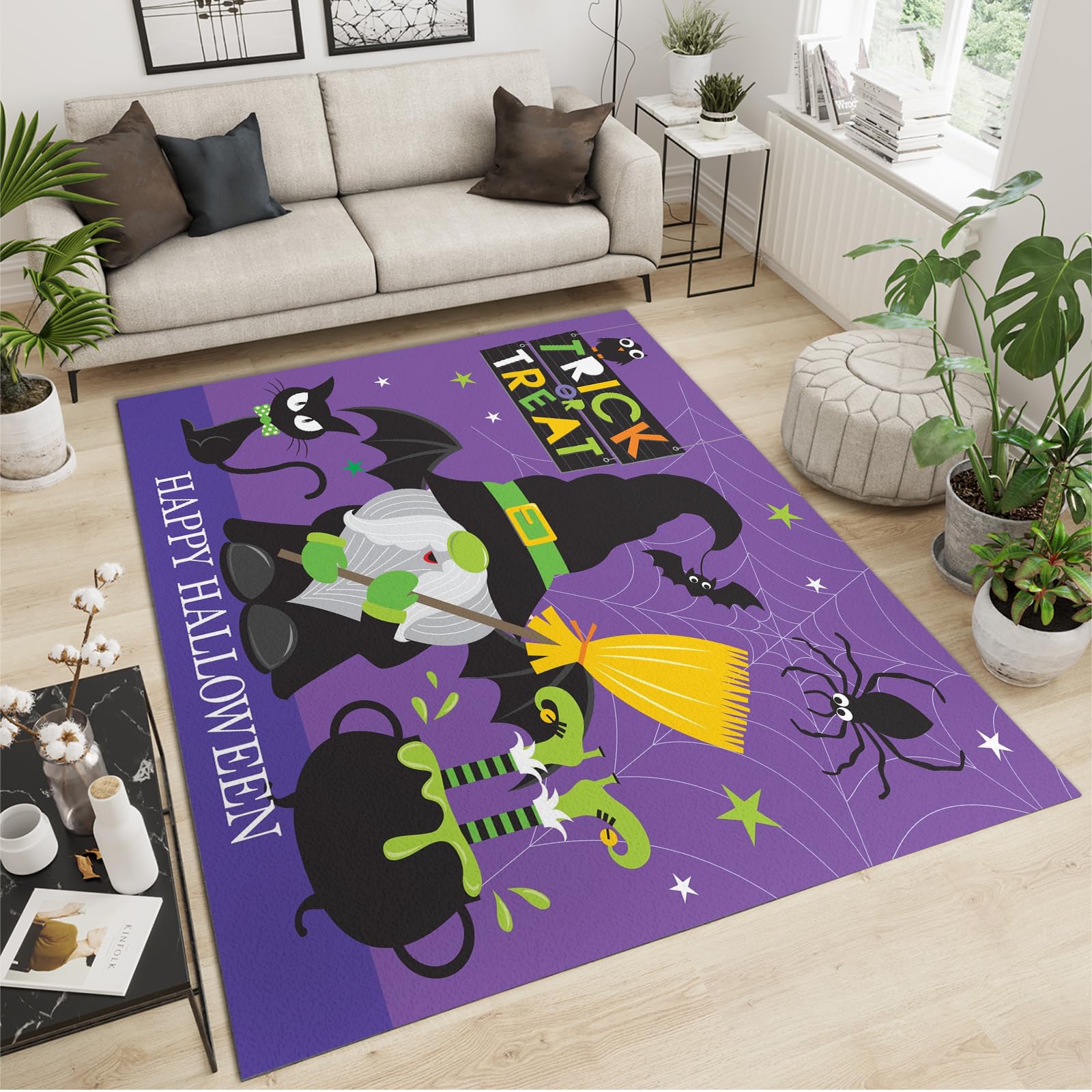 QDJKBL Area Rugs 150 x 200 cm Cartoon Halloween Doodle, Black Kitten Spider Bat Animal Rugs for Living Room, Soft Area Rug Non-Skid Soft Texture Perfect for Hardwood Floors