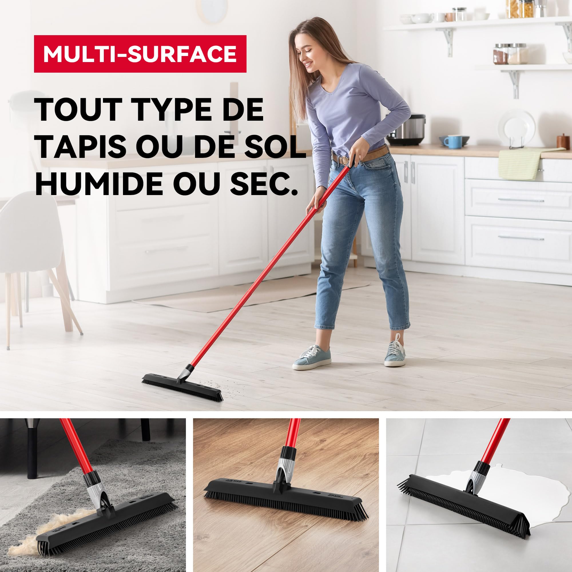 Tyroler Balai Caoutchouc & Raclette Sol | Tête De 41 cm Balai Bross Poils Animaux | Manche Anti-Rouille en 4 Parties de 140 cm pour Balais Coiffeur Caoutchouc Professionnel | Balais Nettoyer Sol