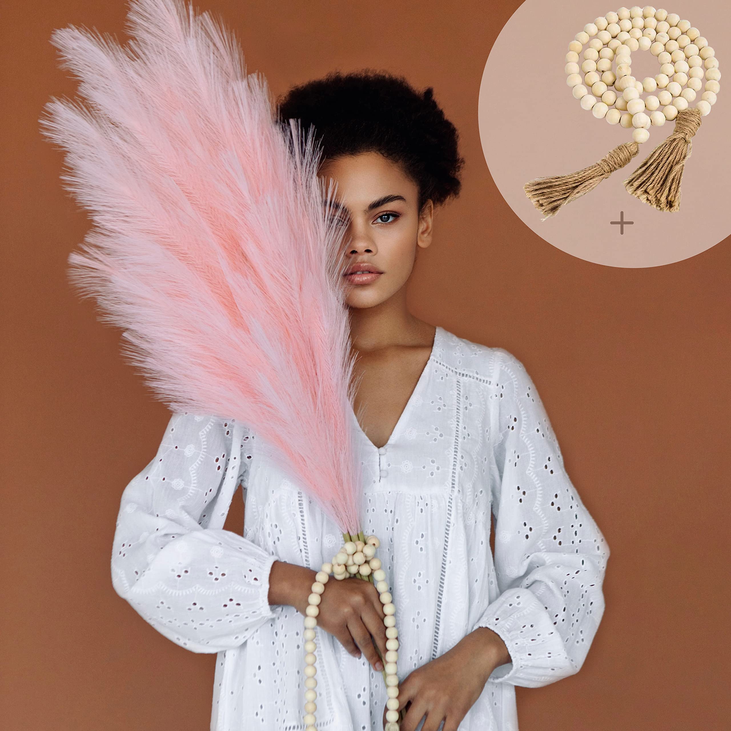 Pampas Grass Decor Tall & Boho Farmhouse Beads Wood 43Inch Fluffy