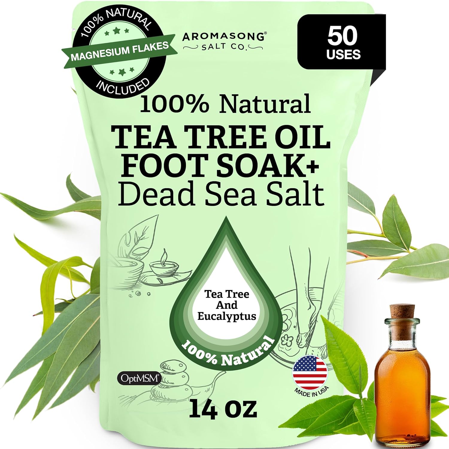Aromasong Tea Tree Foot Soak with Magnesium Flakes and Dead Sea Foot Soaking Salts – Pedicure Tea Tree oil foot Soak for Dry Cracked Feet-Athlete’s Callus Remover- Eliminates Odor- Packaging may vary Aromasong Tea Tree Foot Soak with Magnesium Flakes and Dead Sea Foot Soaking Salts – Pedicure Tea Tree oil foot Soak for Dry Cracked Feet-Athlete’s Callus Remover- Eliminates Odor- Packaging may vary