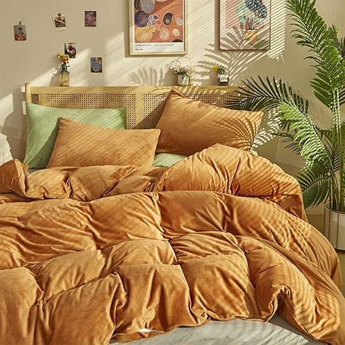 Miniatura 5 de Cottonight - Juego de edredón de terciopelo tamaño King, de franela gruesa, es suave y cálido para invierno, color calabaza, naranja quemado,