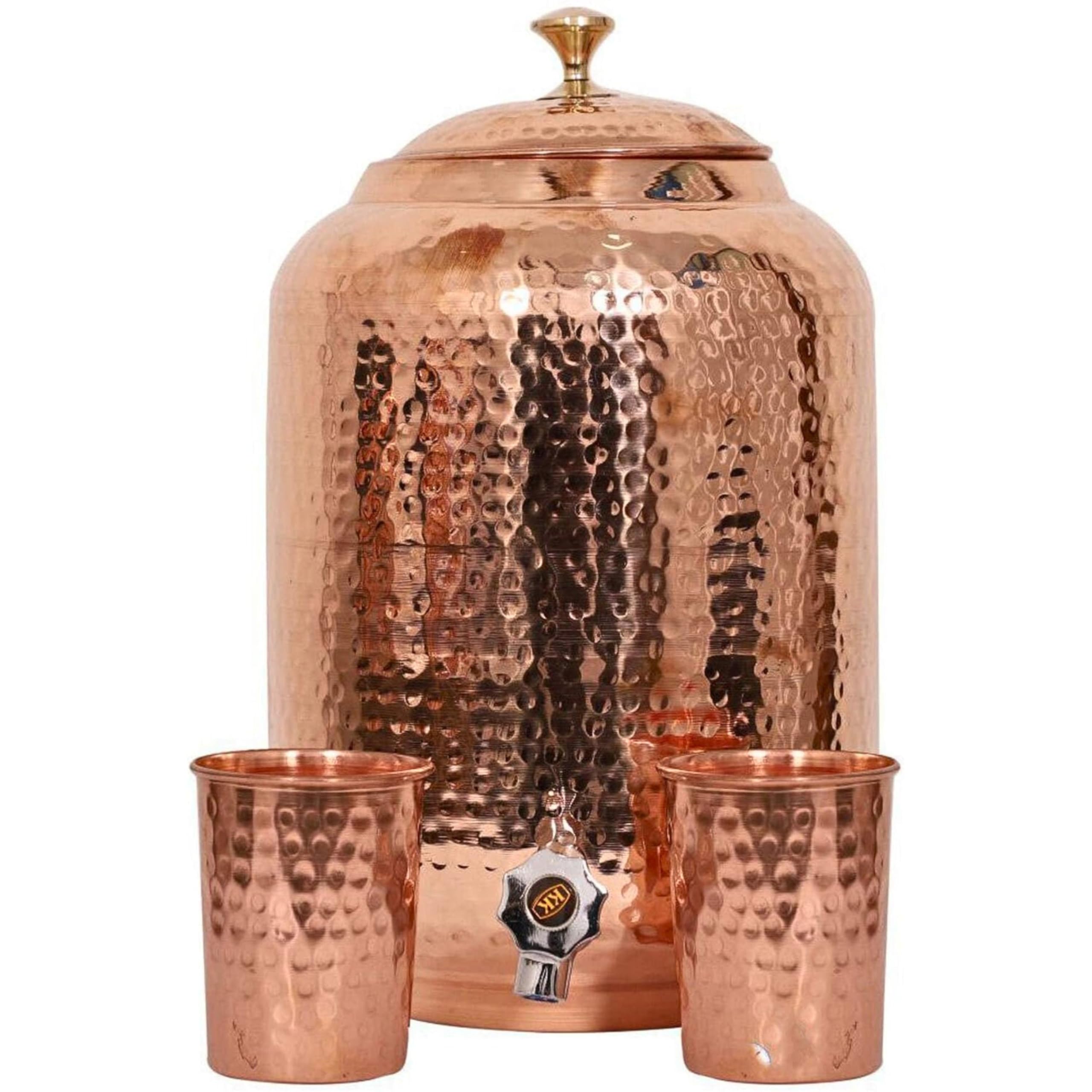 Dispenser d'acqua in rame puro, capacità 8 l, finitura martellata, benefici per la salute ayurvedica, include 2 bicchieri abbinati e 1 bottiglia di rame, bicchieri artigianali per guarigione e