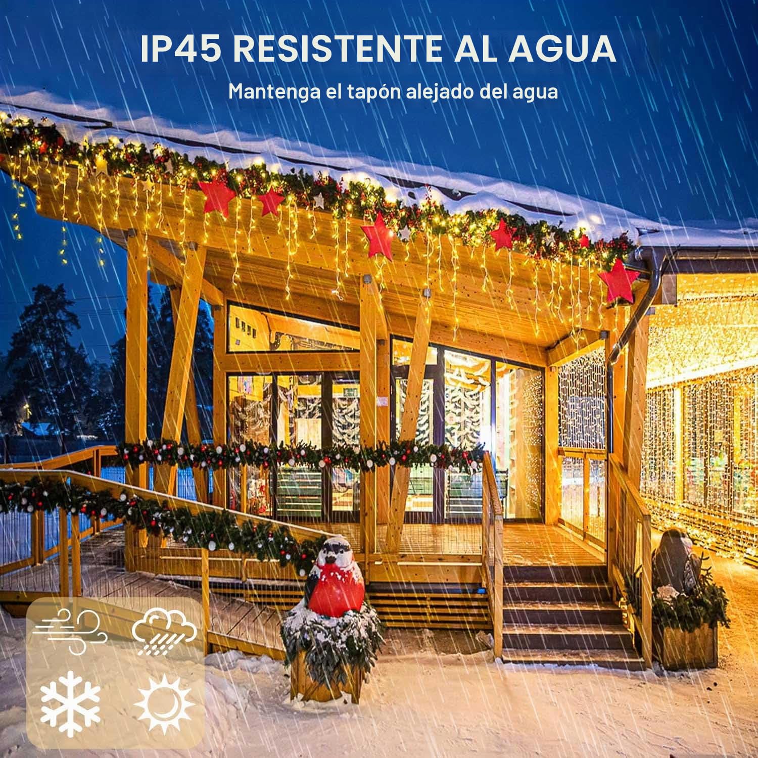 Cortina Luces Navidad Exterior, 10M 400LED, Guirnalda Cascada Prolongable Con Temporizador, Función de Memoria, 8 Modos, Decoración para Jardín Ventana Bar Boda - Blanco Cálido