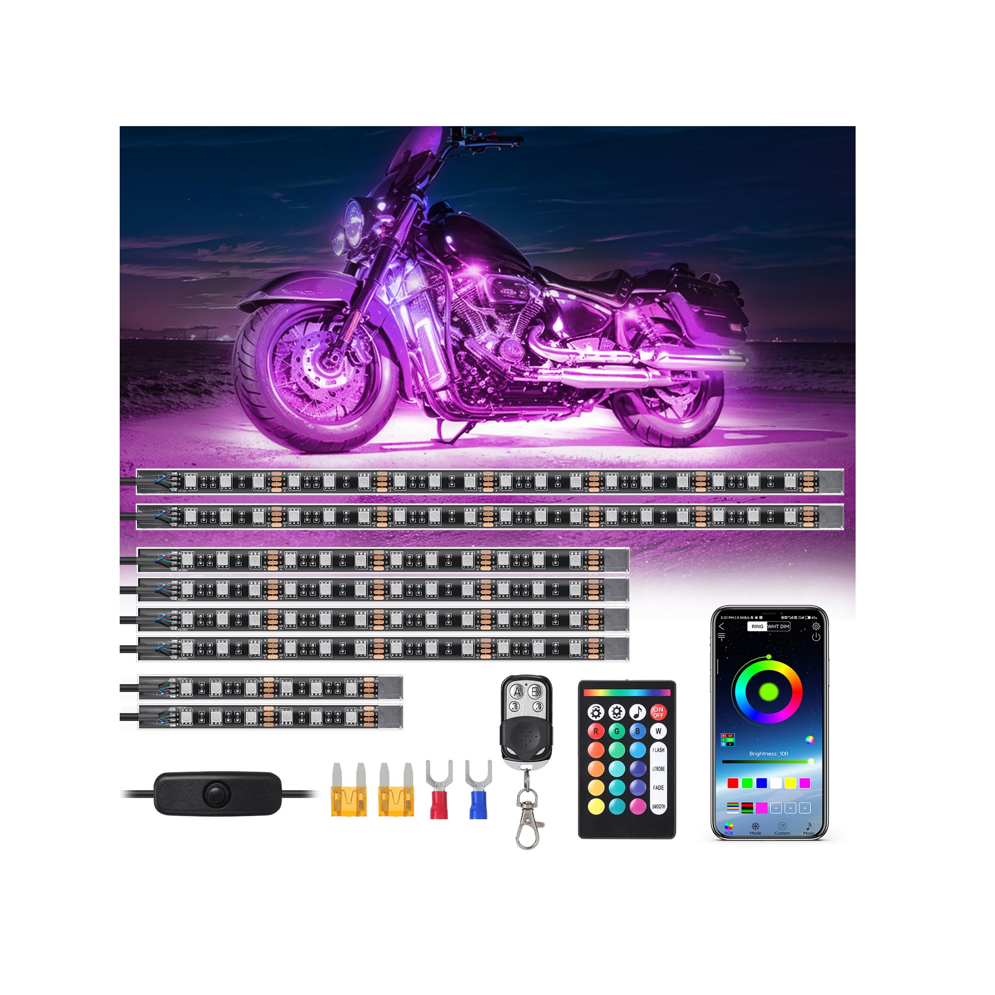 8 Pcs Motorcycle RGB LED Lights Kit, Dual Zone Motorcycle Underglow Light with Brake Turn Signal & APP/RF Control, Waterproof Multicolor Neon Strips for Harley Davidson Kawasaki Yamaha Golf Cart 12V