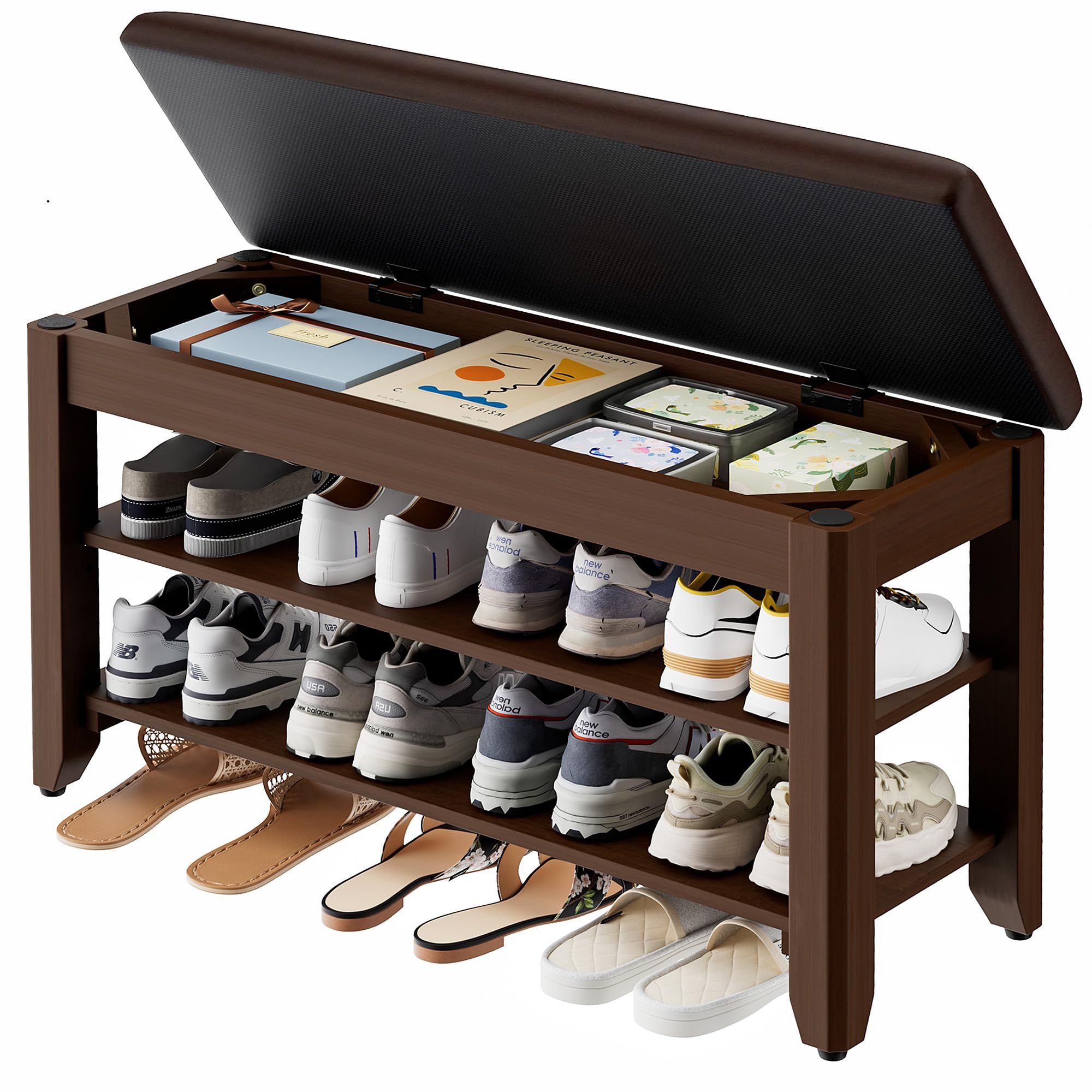 Homleke 31.5' Wide Solid Wood Shoe Rack Bench with Flip-Top Storage