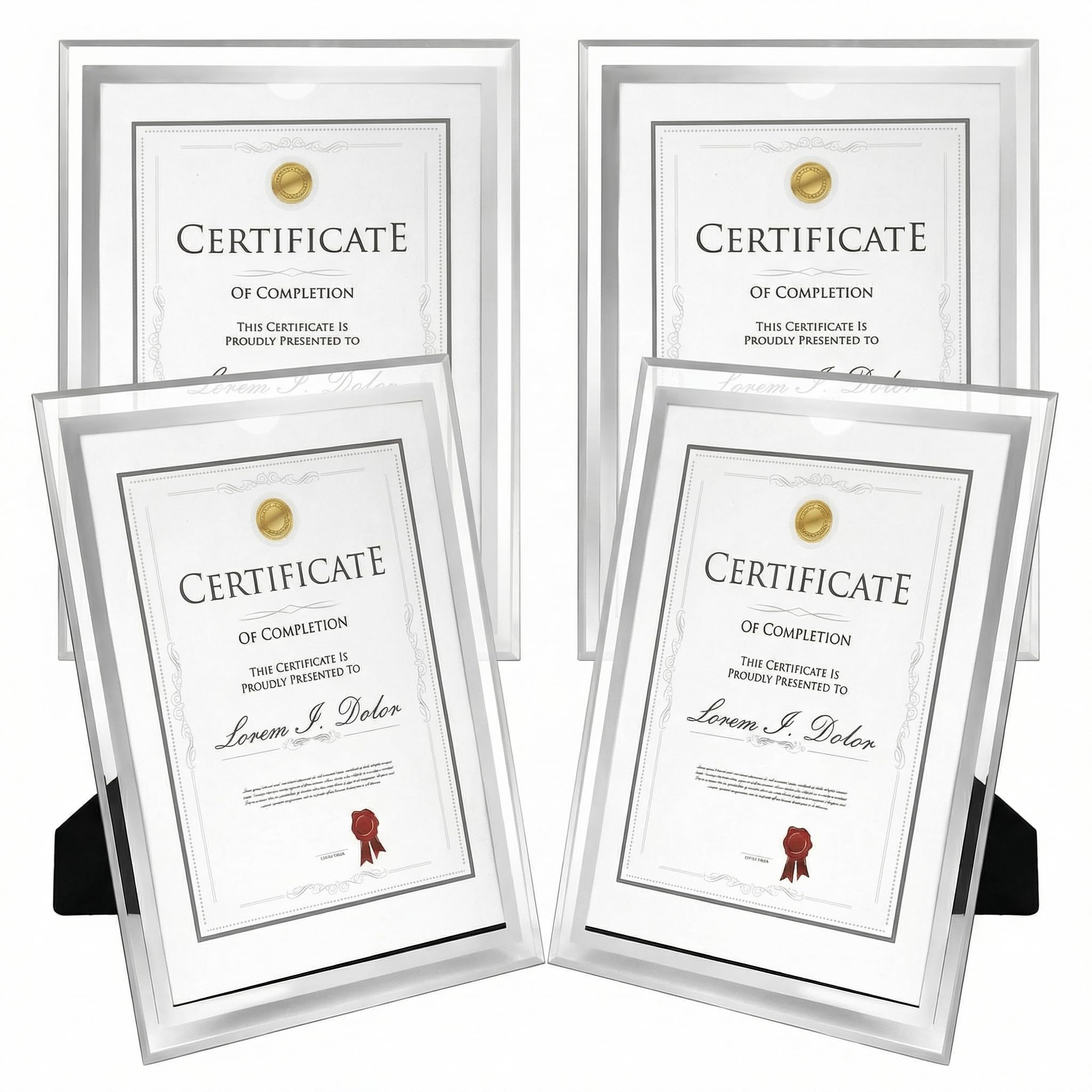 QWORK® 4 Pack A4 Glass Photo Frame Certificate Frame Freestanding or Wall Mounting for Displaying Family Photos Pictures Certificates and more (Silver)