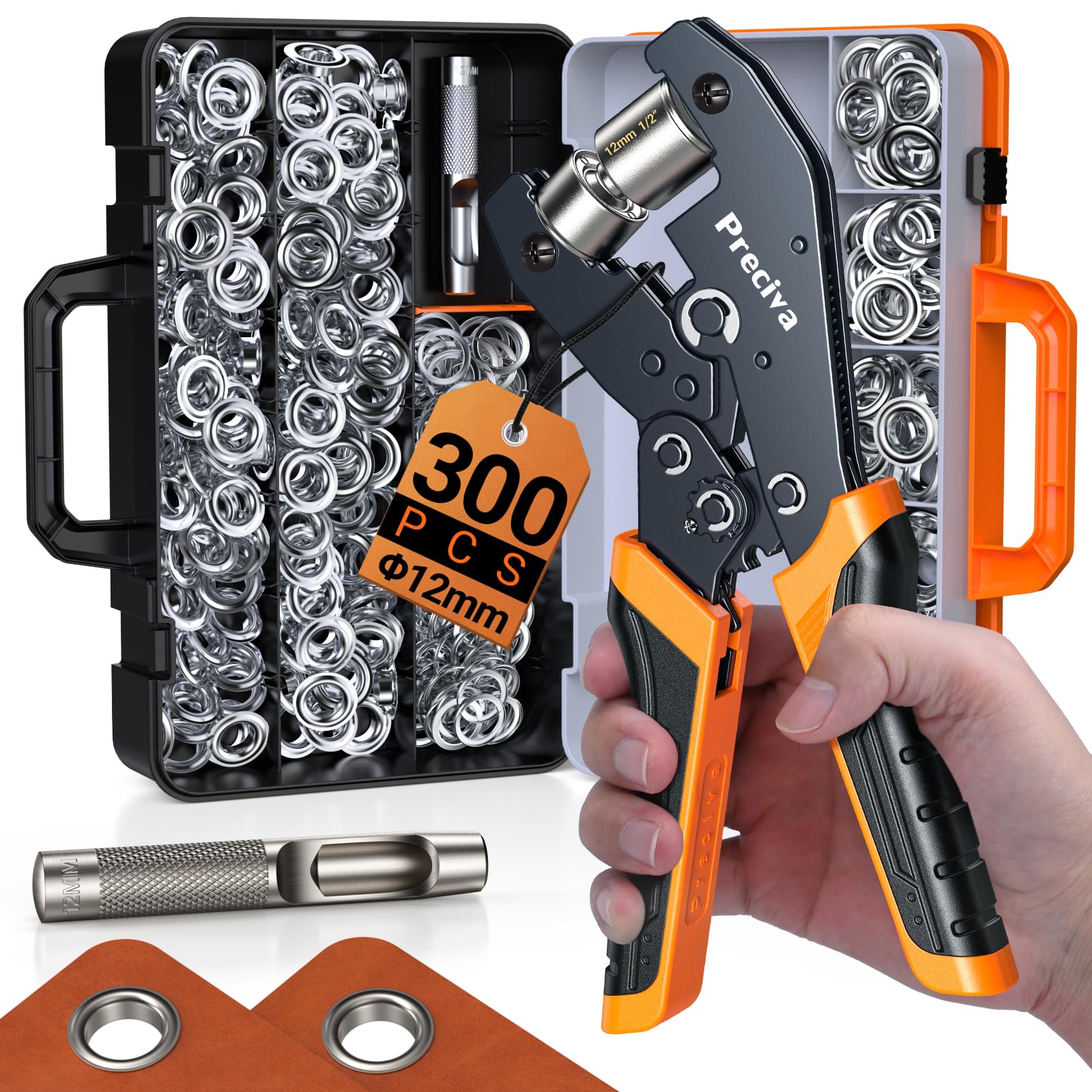 Preciva Kit de Pince à œillet Magnétiques - 12mm Pinces a Bache avec 300 œillets en Métal Argenté, Dispositif de Blocage Automatique, Outil de Perforation D'œillets pour Tissu, Cuir, Bâches, Carton