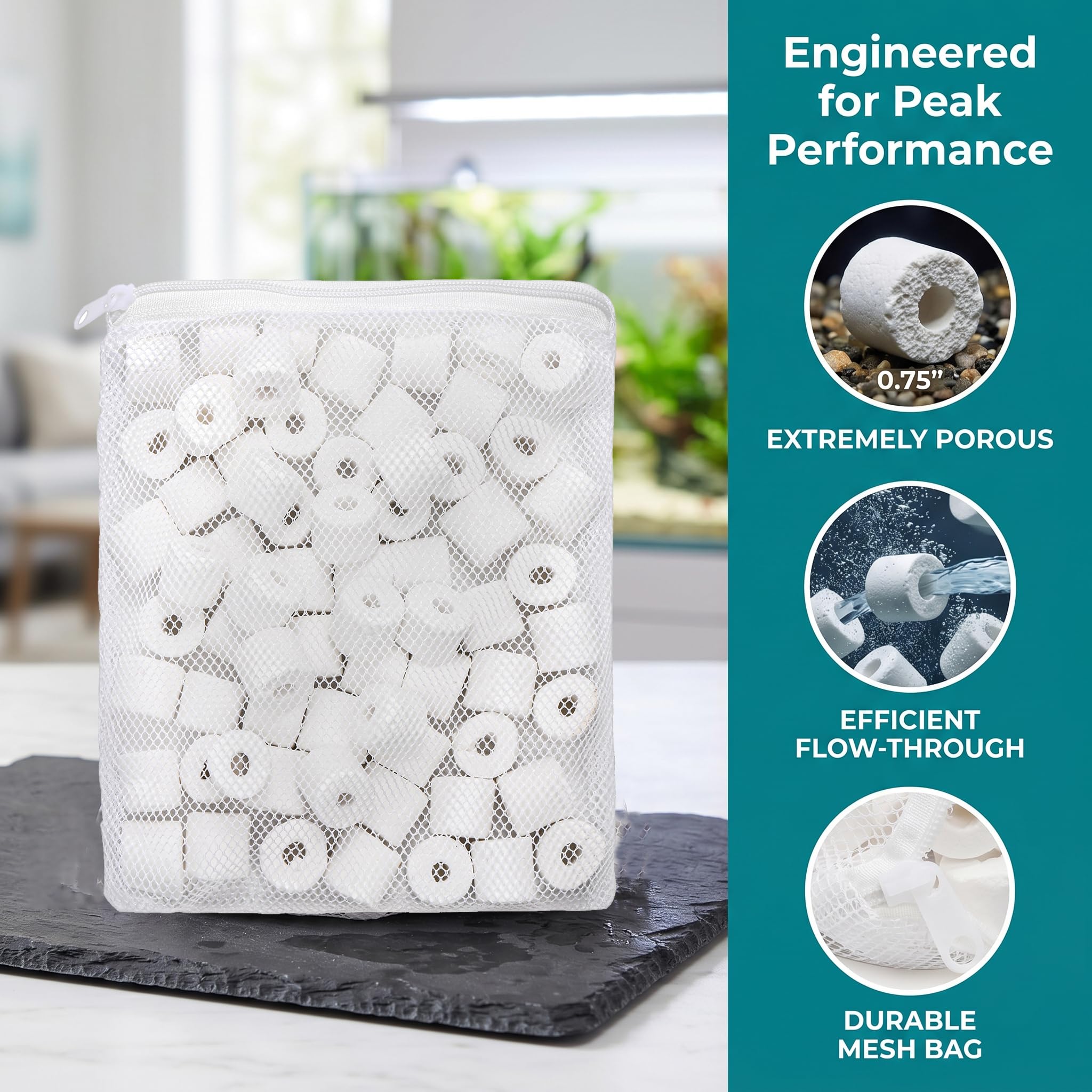 TOPZEA Anillos de cerámica para filtro de acuario de 6 libras, medios de filtro biológico Premier con bolsas de malla con cremallera para estanque koi, recipiente, filtro de pecera, blanco puro