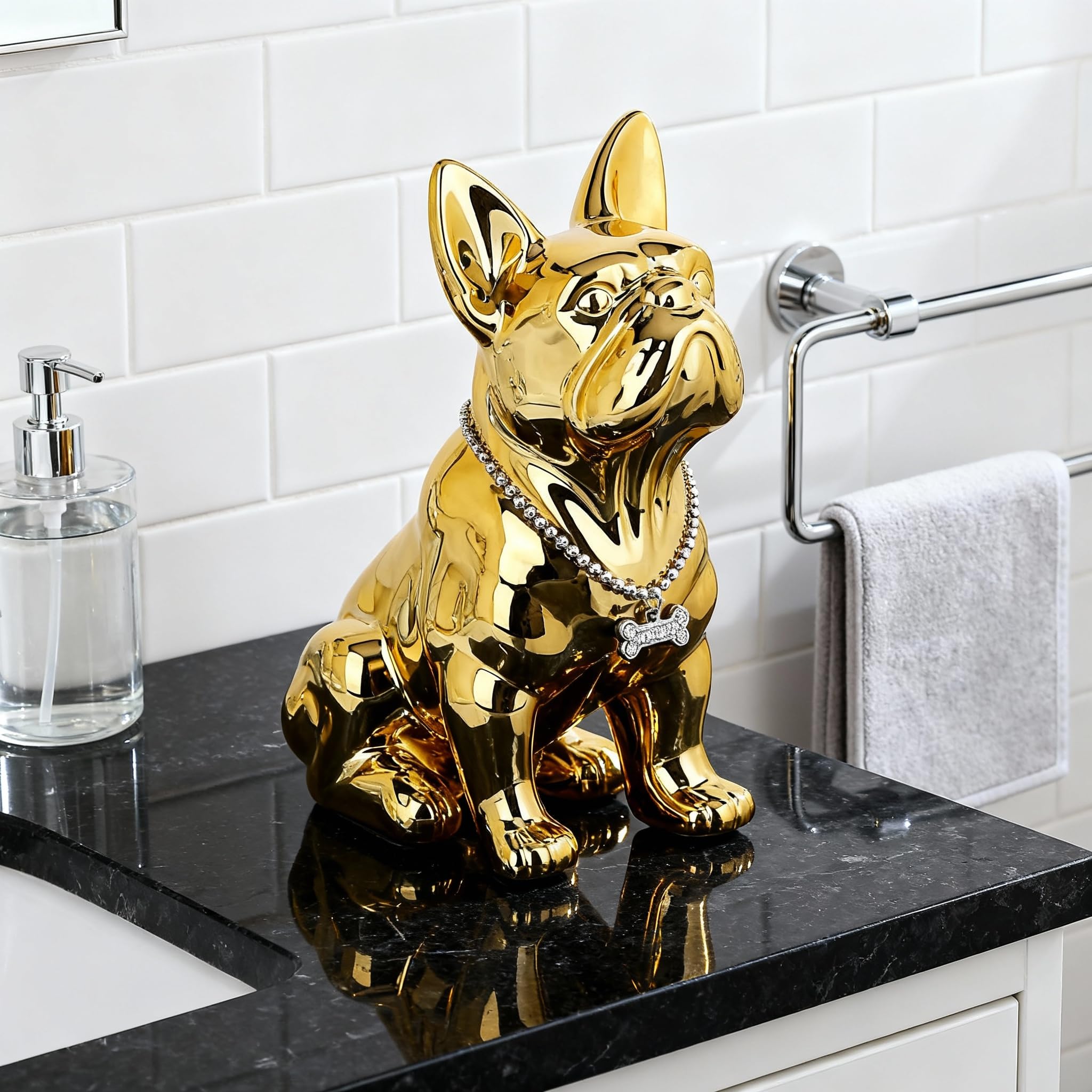 Estatua Dorada de Bulldog Francés, Estatua de Perro Pug Dorado de Resina Sentado, Escultura de Decoración del Hogar de Bulldog Inglés, Decoración de Escritorio de Sala de Estar, Regalo de Arte