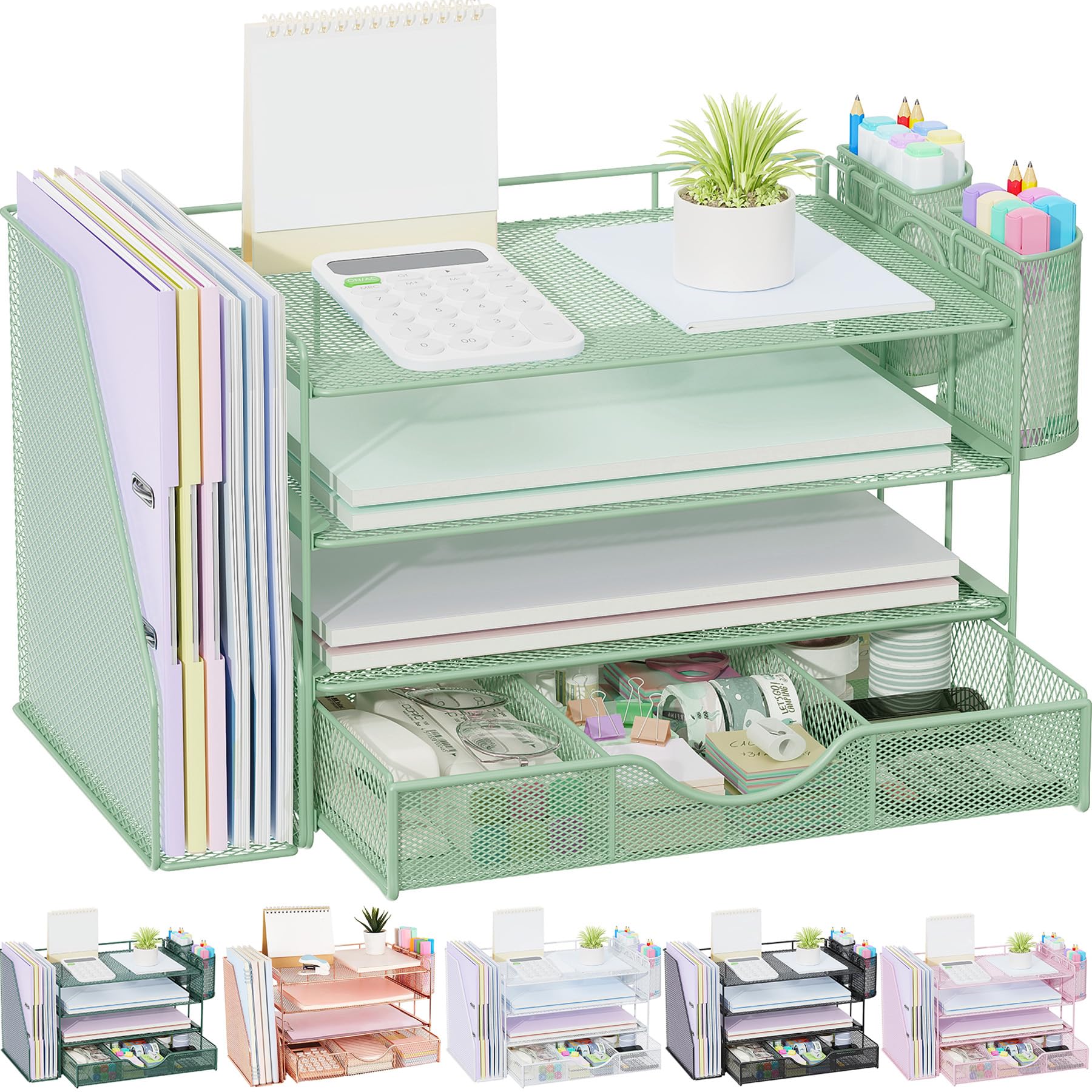 gianotter 4-Tier Desk Organizer with Drawers, File Holders, Letter Trays and Pen Holders - Workspace Accessories for Office Supplies (Sage Green)