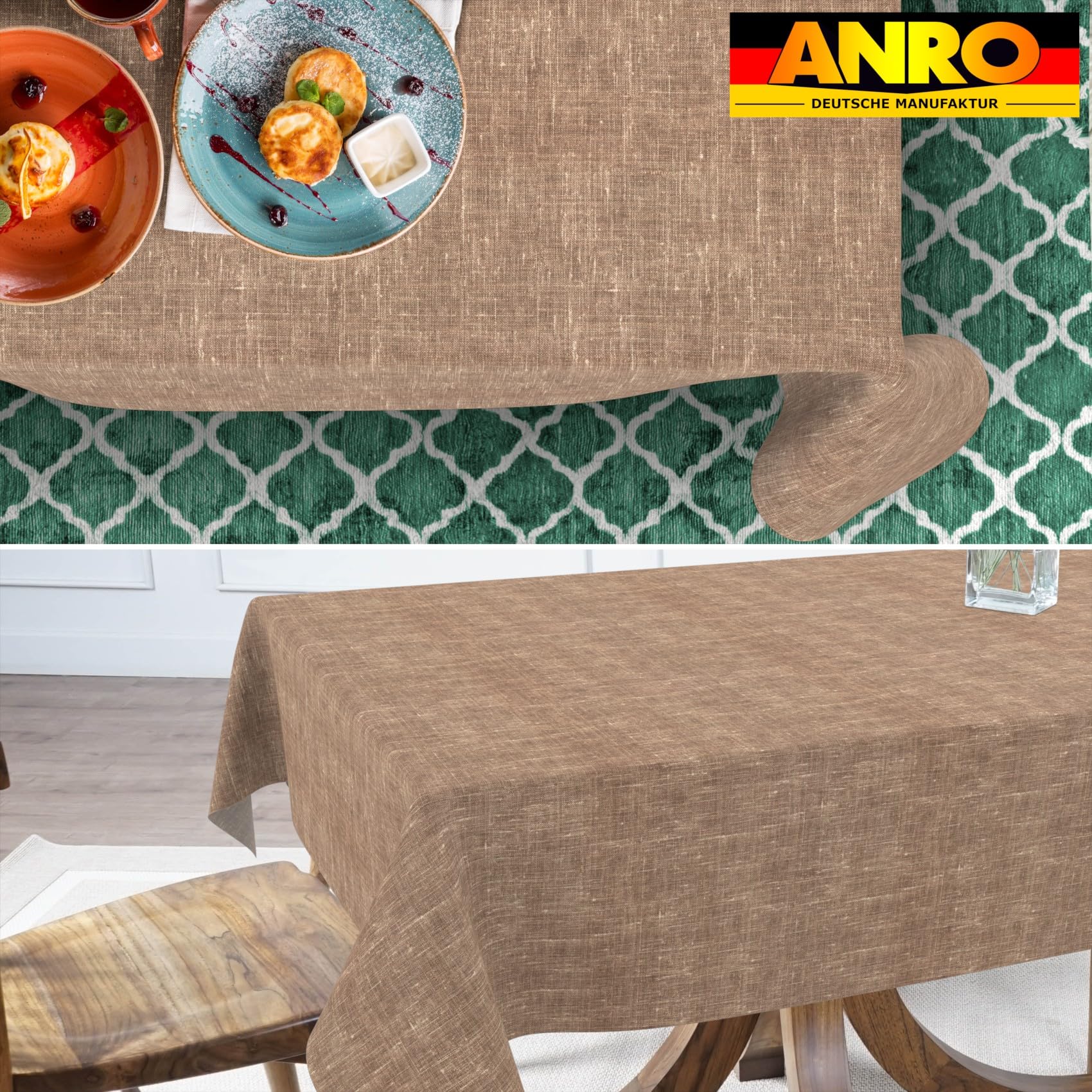 ANRO Nappe de Table 70% Coton 30% Polyester – Tissu Lavable, Anti-Taches, Bords Surjetés, Couleur Chocolat 200x140 cm