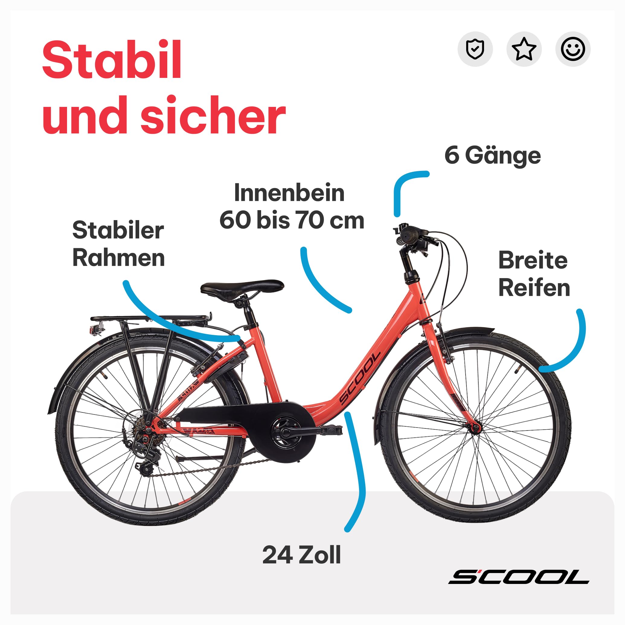 S’COOL Kinderfahrrad 20, 24, 26 Zoll, 6-Gang Kettenschaltung, Chix, Körpergröße 115–165 cm, 6–14 Jahre, Schulweg & Alltag, für Jungen & Mädchen
