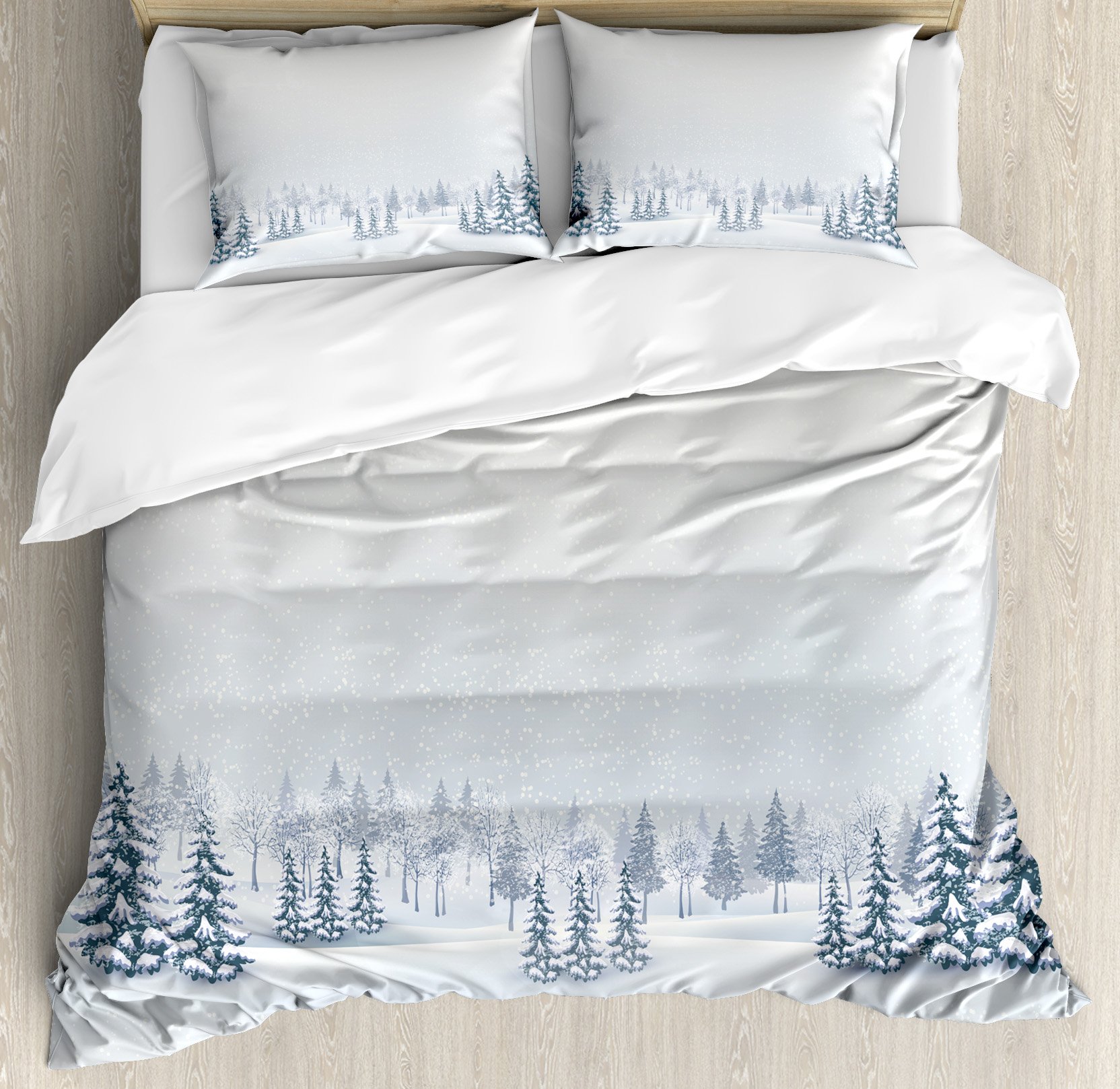 Ambesonne Winter Duvet Cover Set, Winter Scene in a Park with Trees Foggy Misty Blurry Ice Cold Freezing Weather Image, Decorative 3 Piece Bedding Set