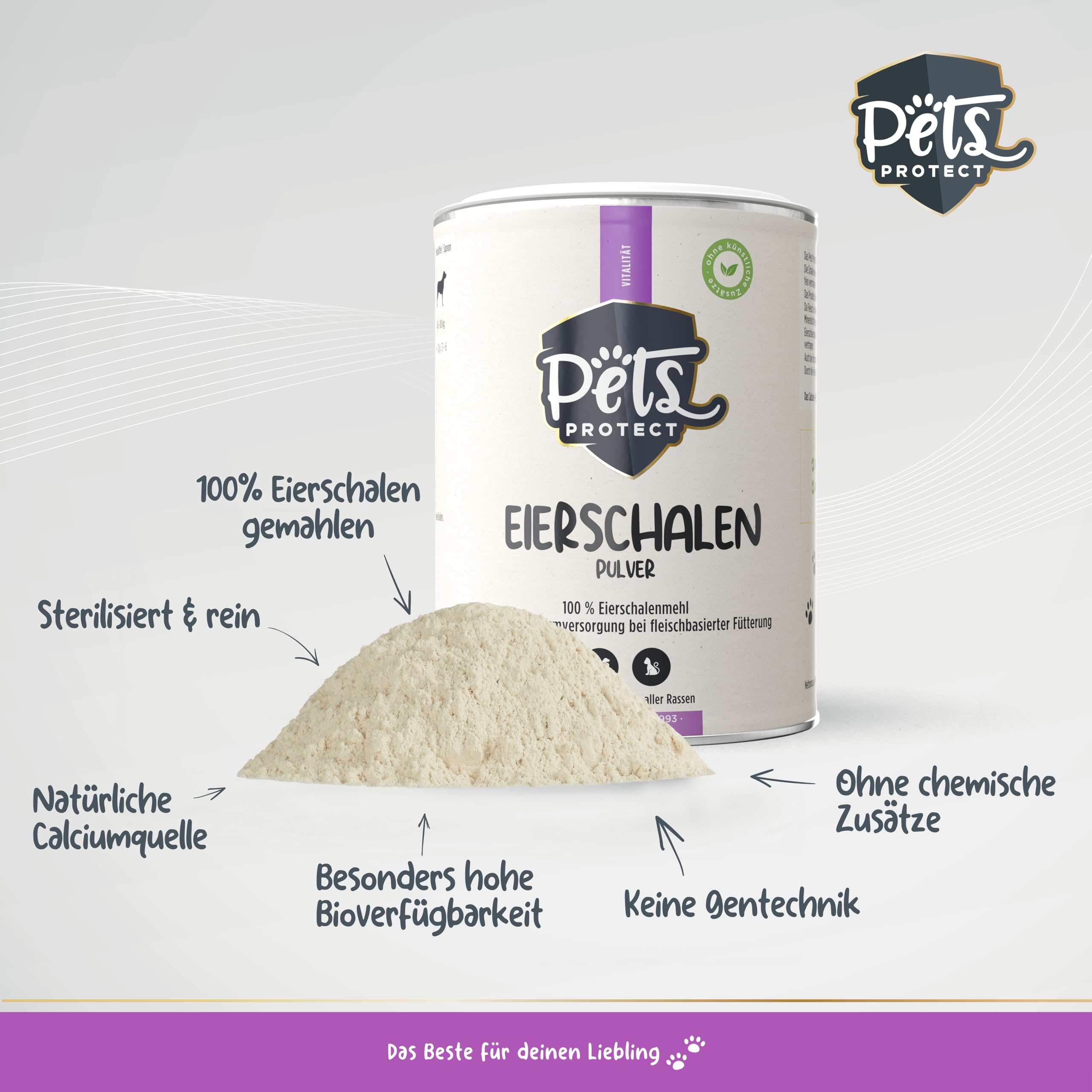 Pets PROTECT Polvere di Guscio d'uovo Biologico, 200 g, fonte Naturale di Calcio per Cani e Gatti, Farina di Guscio d'uovo Biologico, Ricca di minerali e Sostanze nutritive ad Alta biodisponibilità