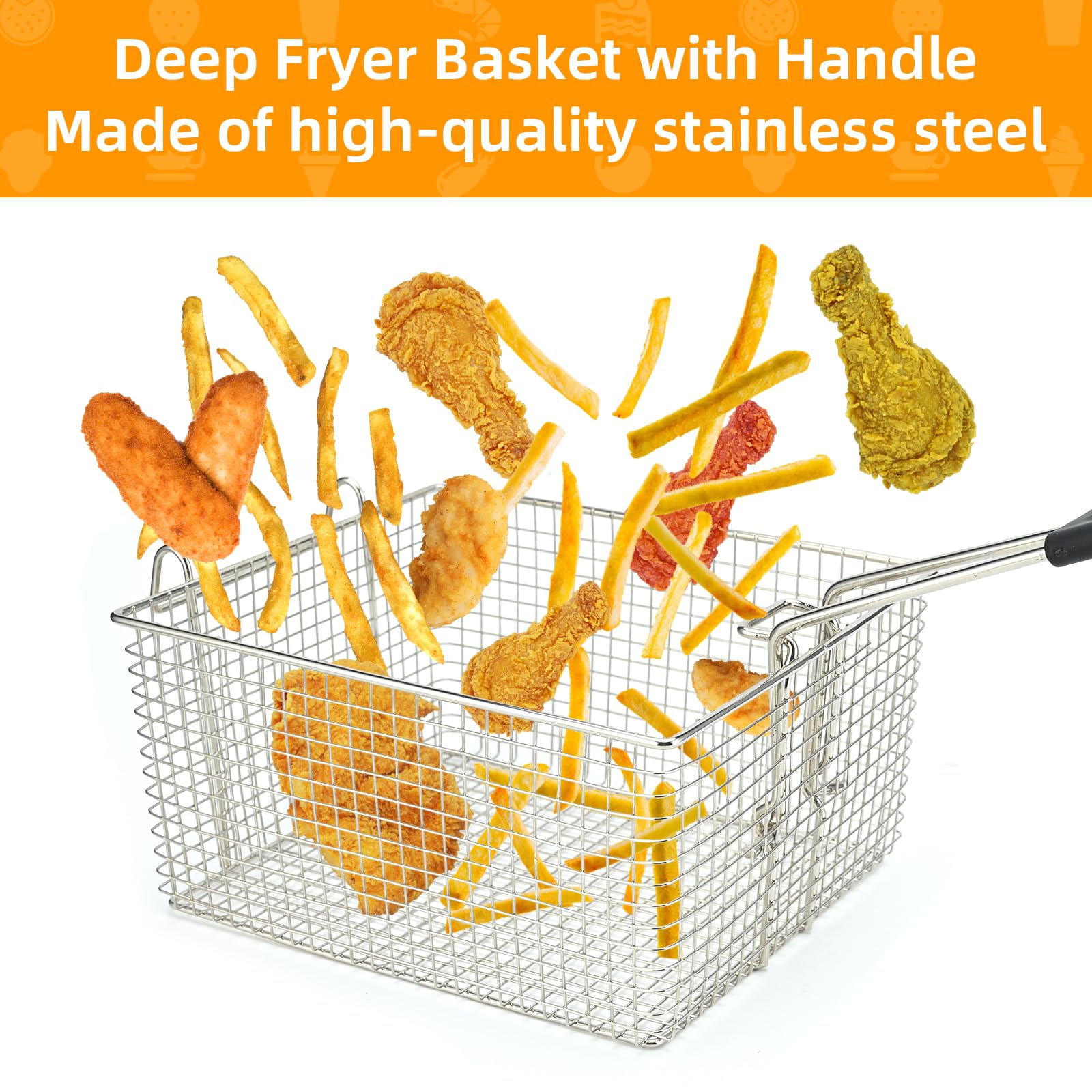 Cesta de freidora eléctrica para freír alimentos, con mango de goma, 7.2 x 8.3 x 4.3 pulgadas, construcción resistente, adecuada para freír pollo, pescado, papas fritas, (2 piezas)