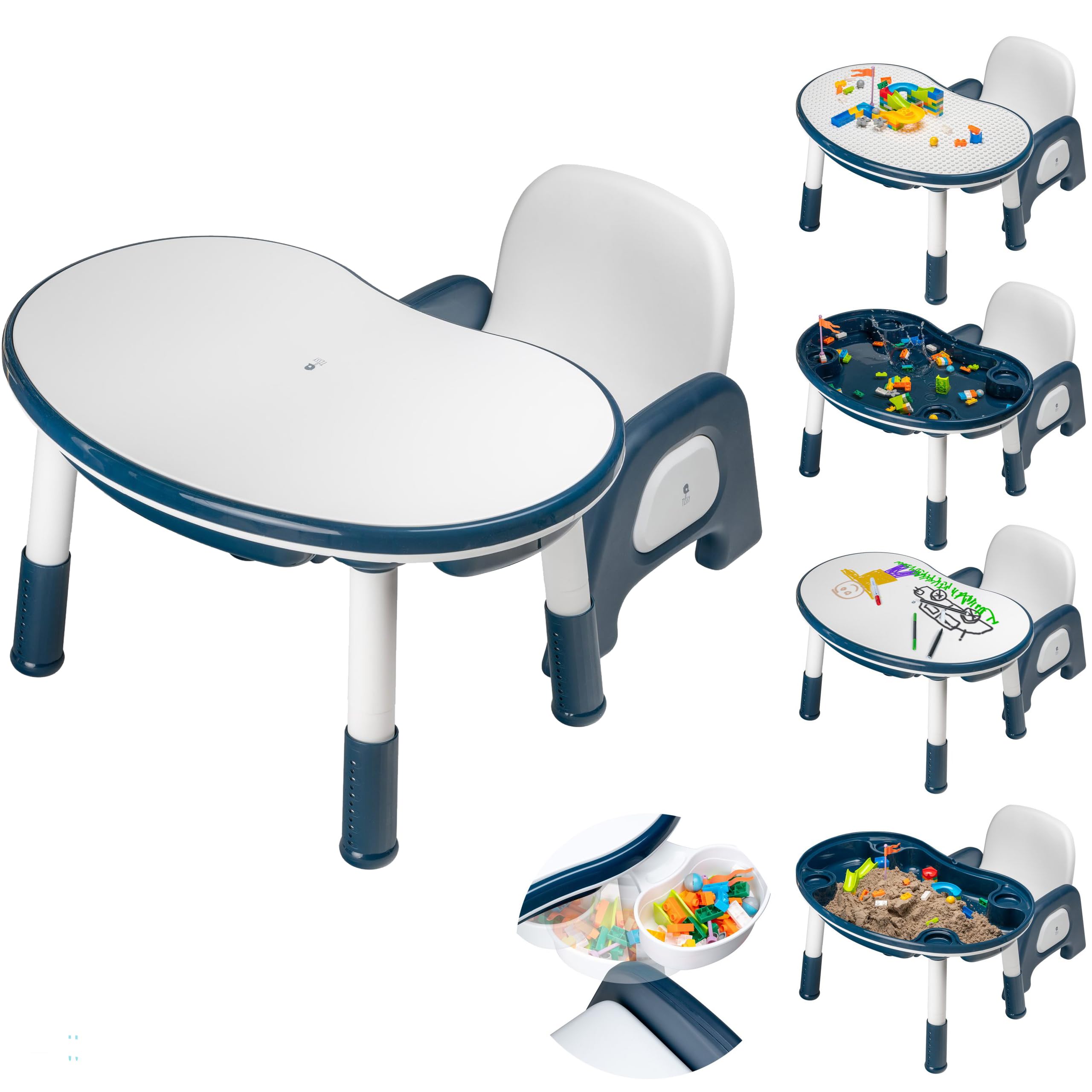 Children Table with Chair, 2in1 Table with 2 baskets, Multi-functional Building Block Tables, Learning Eating Tables & adjustable legs, Liftable Game Desk, Children Educational Furniture (Navy Blue)