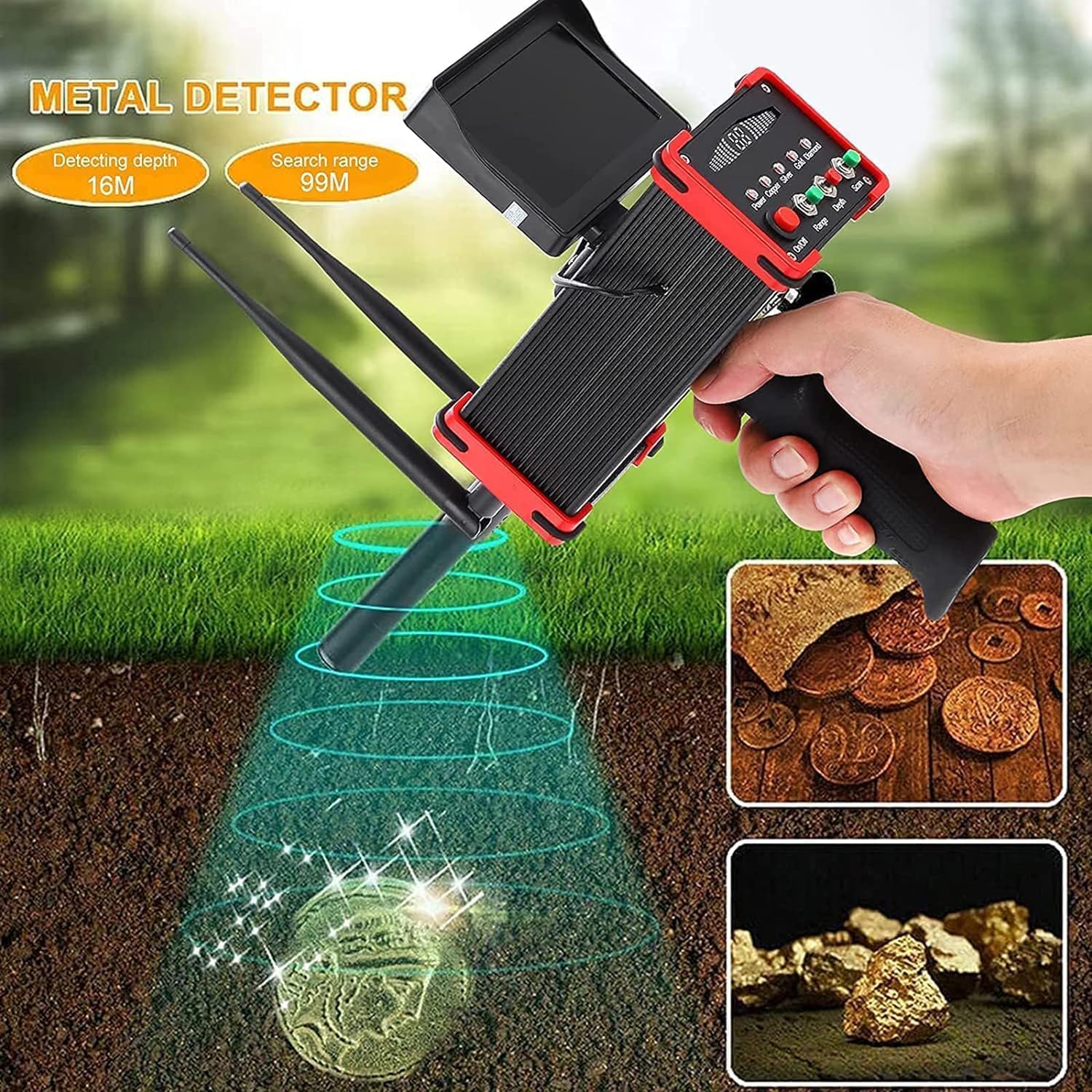Detector De Metales Subterráneo, Detector De Metales Profesional con Pantalla, Profundidad De Detección Máxima De 16 M, Alcance De Búsqueda Máximo De 99 M, Detector De Metales para Oro, Plata, Cobre