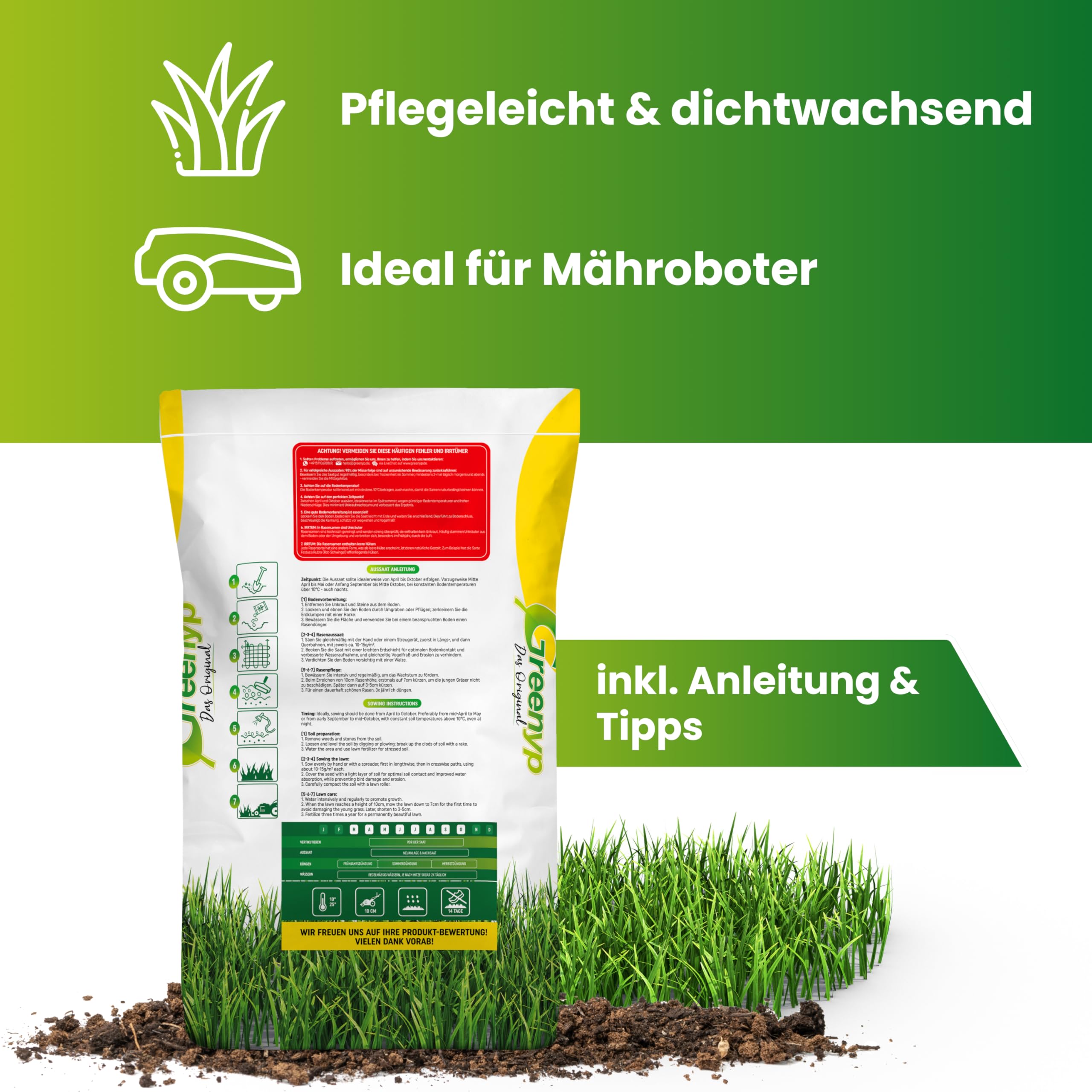 Greenyp® Super Gazon, décoratif, vert luxuriant, de qualité supérieure, semences d'herbe, semences d'herbe particulièrement denses 5 kg pour 200 m²