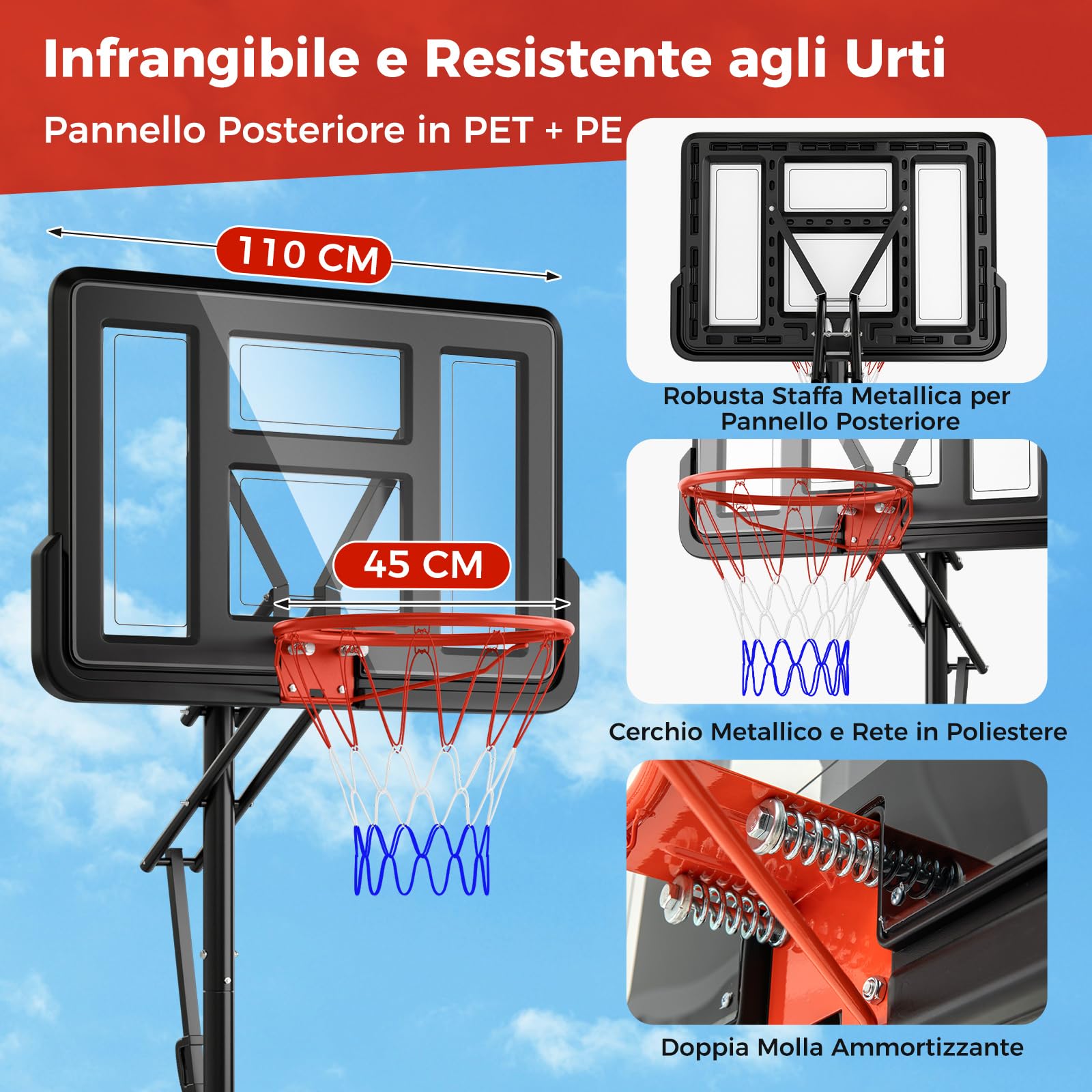 COSTWAY Canestro da Basket da Esterno ed Interno Professionale, Canestro da Basket Regolabile in Altezza 3-3,7 cm e Portatile con Tabellone Infrangibile, Base Robusta e Ruote