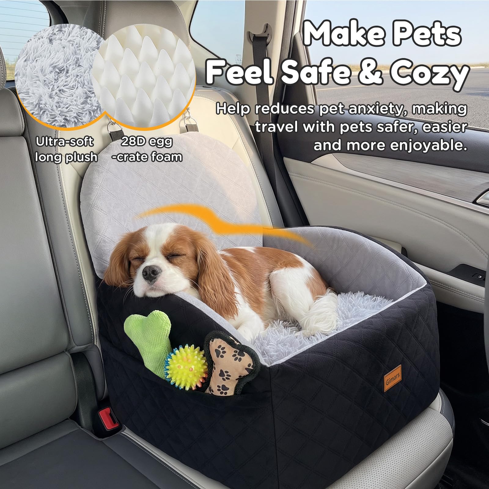 Gimars Reversibile Seggiolino Auto Per Cani conPeluche Lungo/Corto Cuscino sedile Per Cani Piccoli/Medi Fino A 16kg, Sfoderabile Lavabile Trasportino Per Cani Auto Con 15cm 28D Egg-Crate Schiuma, S