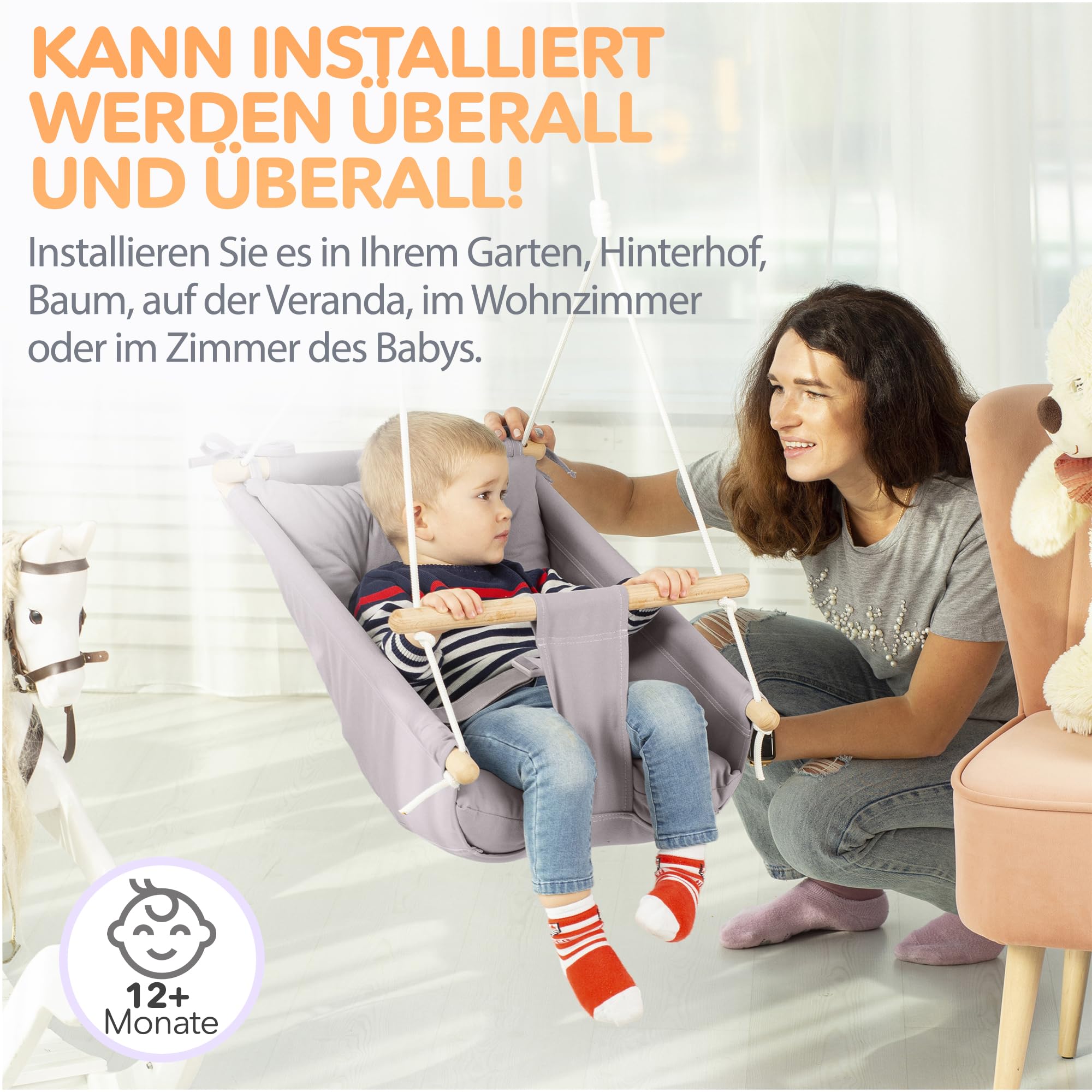 Leinwand Baby Hängematte Schaukel von Cateam - Taupegrau - Hängende Schaukel aus Holz für Baby mit Sicherheitsgurt und Montageteilen. Baby Hängemattenstuhl Geburtstagsgeschenk. (Taupegrau)