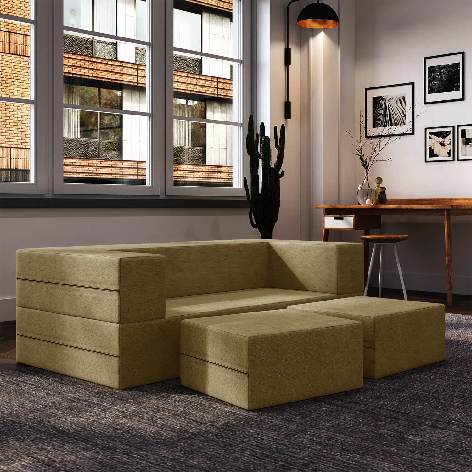 Dr. Smith Folding Sofa | 5x6 Feet, 2 - Seater | Sofa Cum Bed Jute Fabric Washable Cover with 2 Pouffe/Foot Stools - Color Golden (B0DH4WSXJ5) Amazon Price History, Amazon Price Tracker