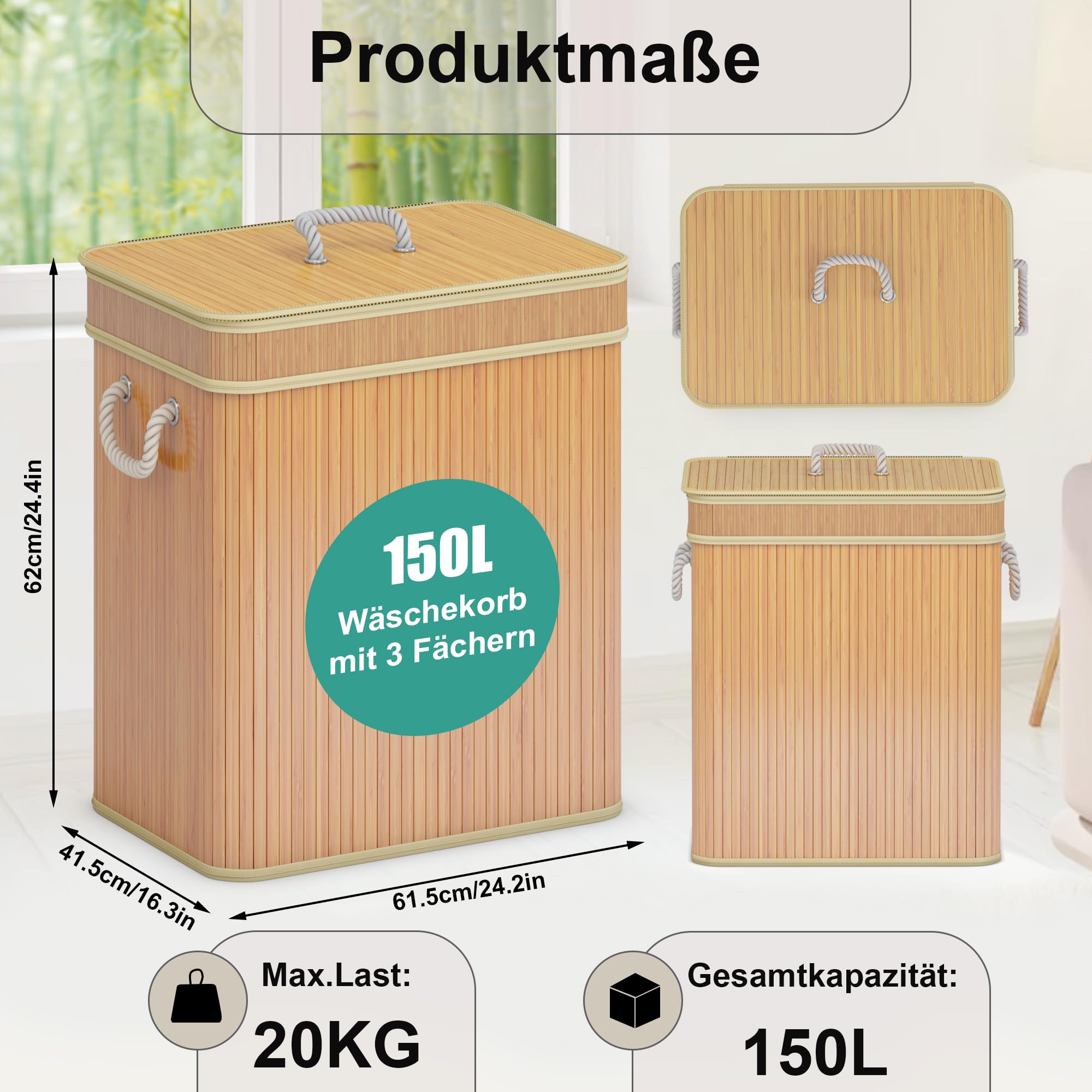 AdelDream Wäschekorb 150L, 3 Fächer Wäschesammler mit Deckel, Bambusoptik | Wäschesortierer 3 x 50L, 3 einzeln herausnehmbare Säcke, faltbar, Naturfarbe