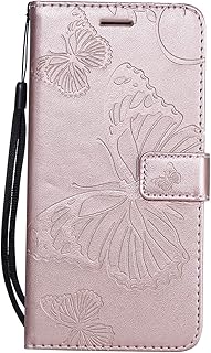 Thoankj Samsung Galaxy A70 2019 Case, PU Leather Flip Notebook Wallet Case Butterfly Embossed with Kickstand Credit Card Slot Holder TPU Bumper Folio Protective Cover for Samsung Galaxy A70 Rose Gold