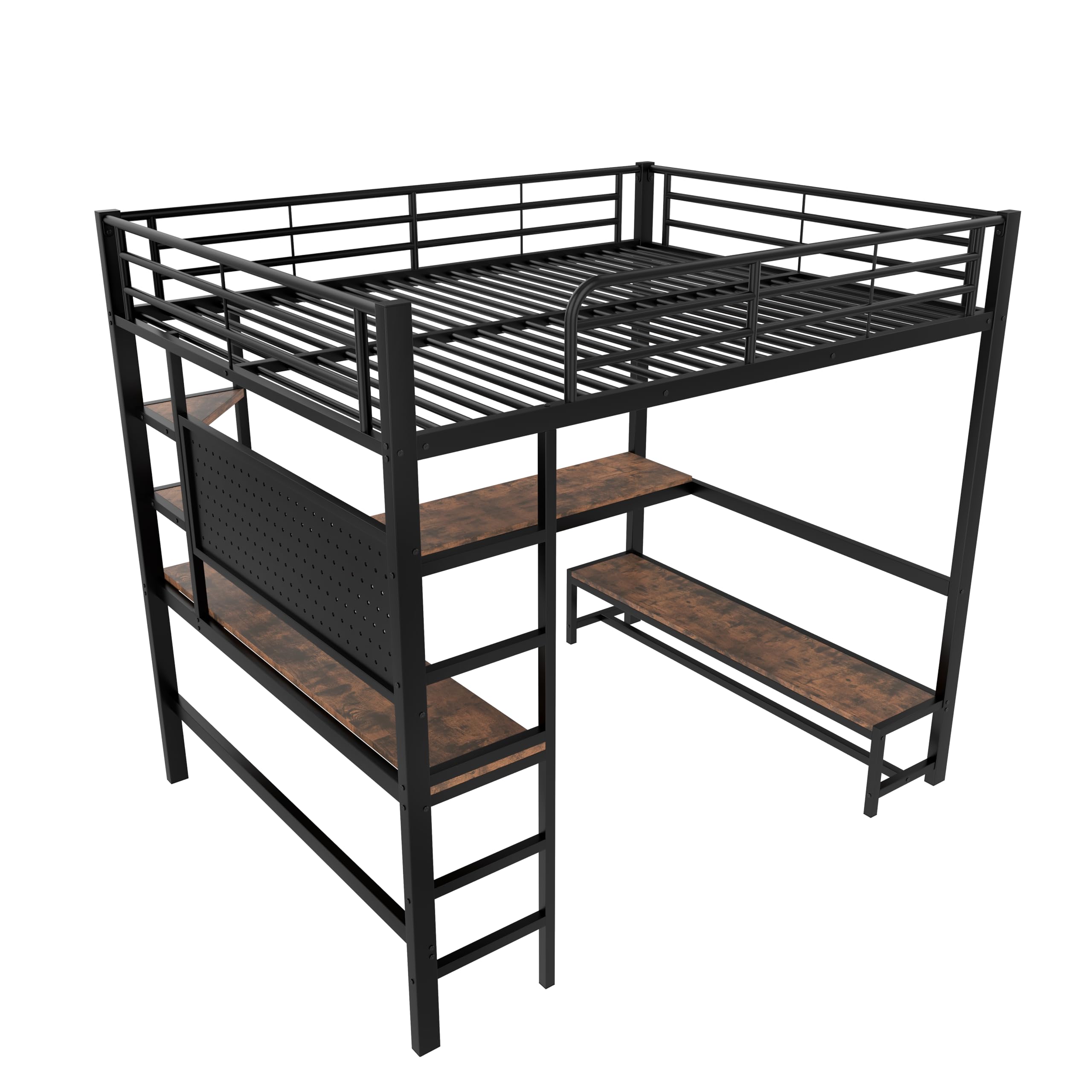 Moimhear Letto a soppalco, con struttura in ferro, scrivania, ringhiera, scala, diversi ripiani, con USB+Type-c, con barra LED, con tavola forata, senza materasso (nero, 140x200cm)