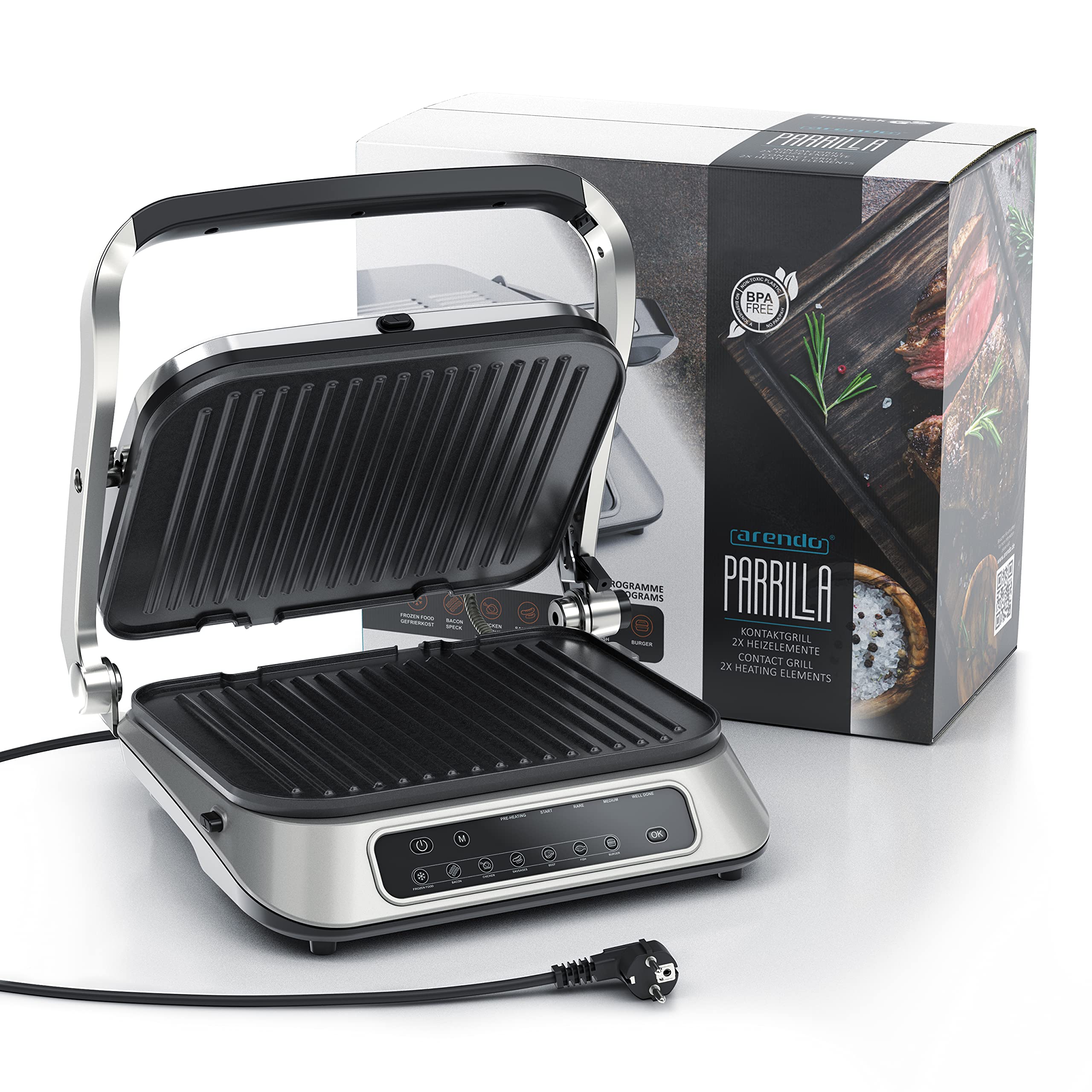 Arendo - Parrilla de contacto - Parrilla eléctrica con control digital de 1900 W - Parrilla de mesa eléctrica Sandwichera - 7 programas - Acero inoxidable antiadherente - Placas extraíbles - GS