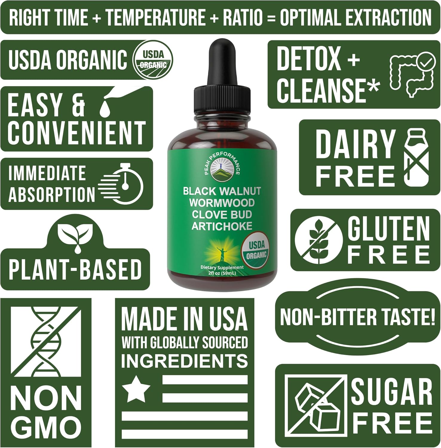 USDA Organic Wormwood Black Walnut Clove Drops Cleanse for Humans. Sugar Free Supplement for Intestinal Cleanse, Detox Support for Adults and Kids. with Artichoke and Clove Bud. Kosher, No GMOs