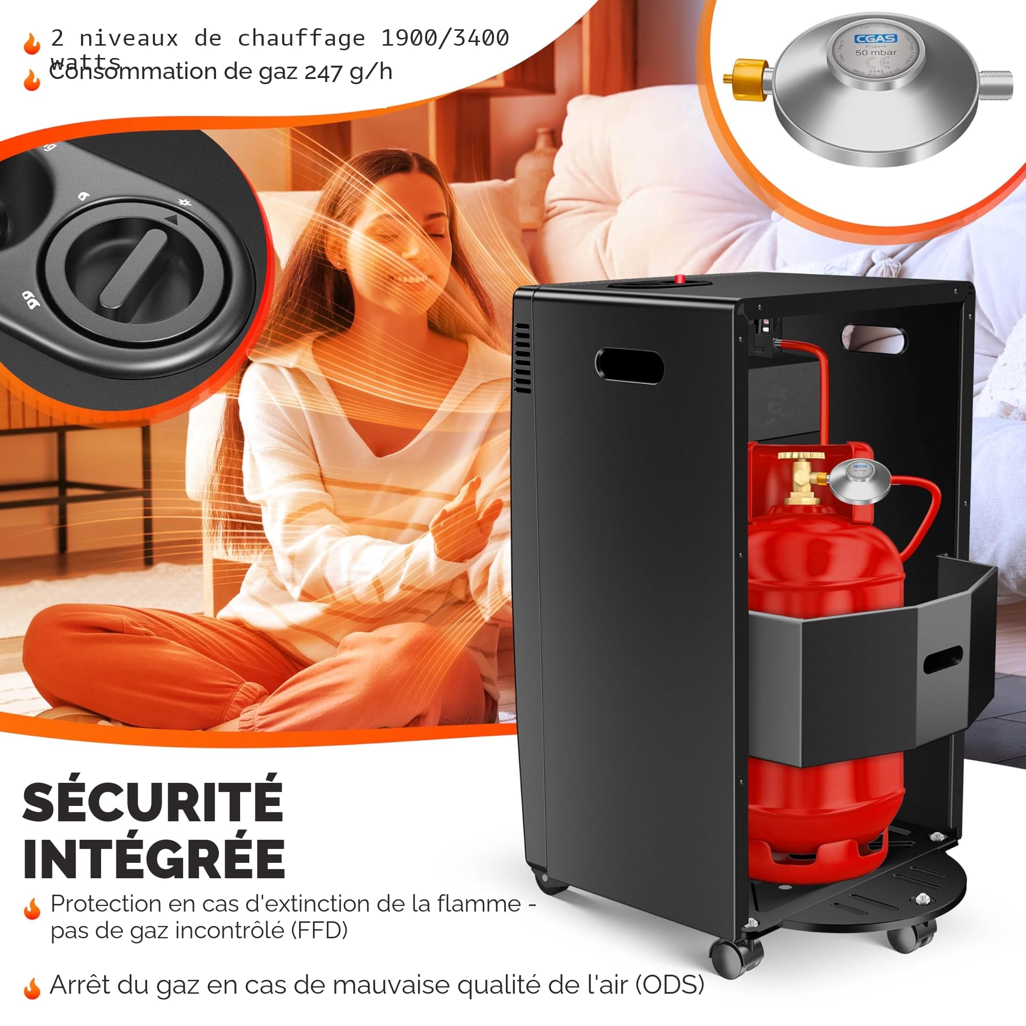 KESSER® Chauffage à gaz Poêle à gaz Radiateur infrarouge 3,4 k W Foyer au gaz 2 niveaux de chauffage infrarouge 3 400 W Chauffage radiant au gaz Bouteilles de butane ou de propane jusqu'à 11kg, noir