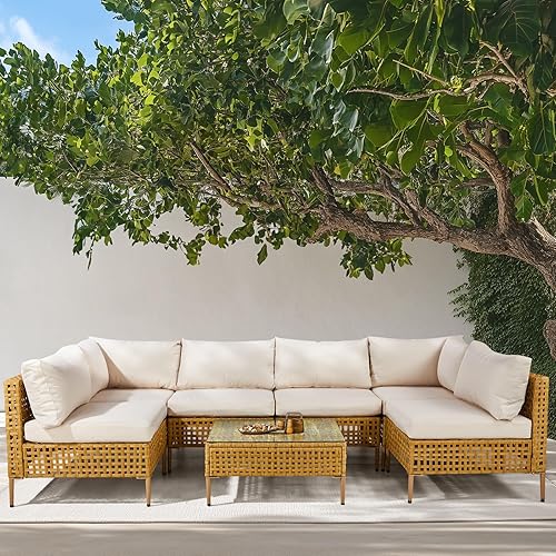 VINGLI Juego de 7 muebles de patio al aire libre, muebles seccionales de ratán de polietileno, juego de sofá de mimbre para todo tipo de clima, con