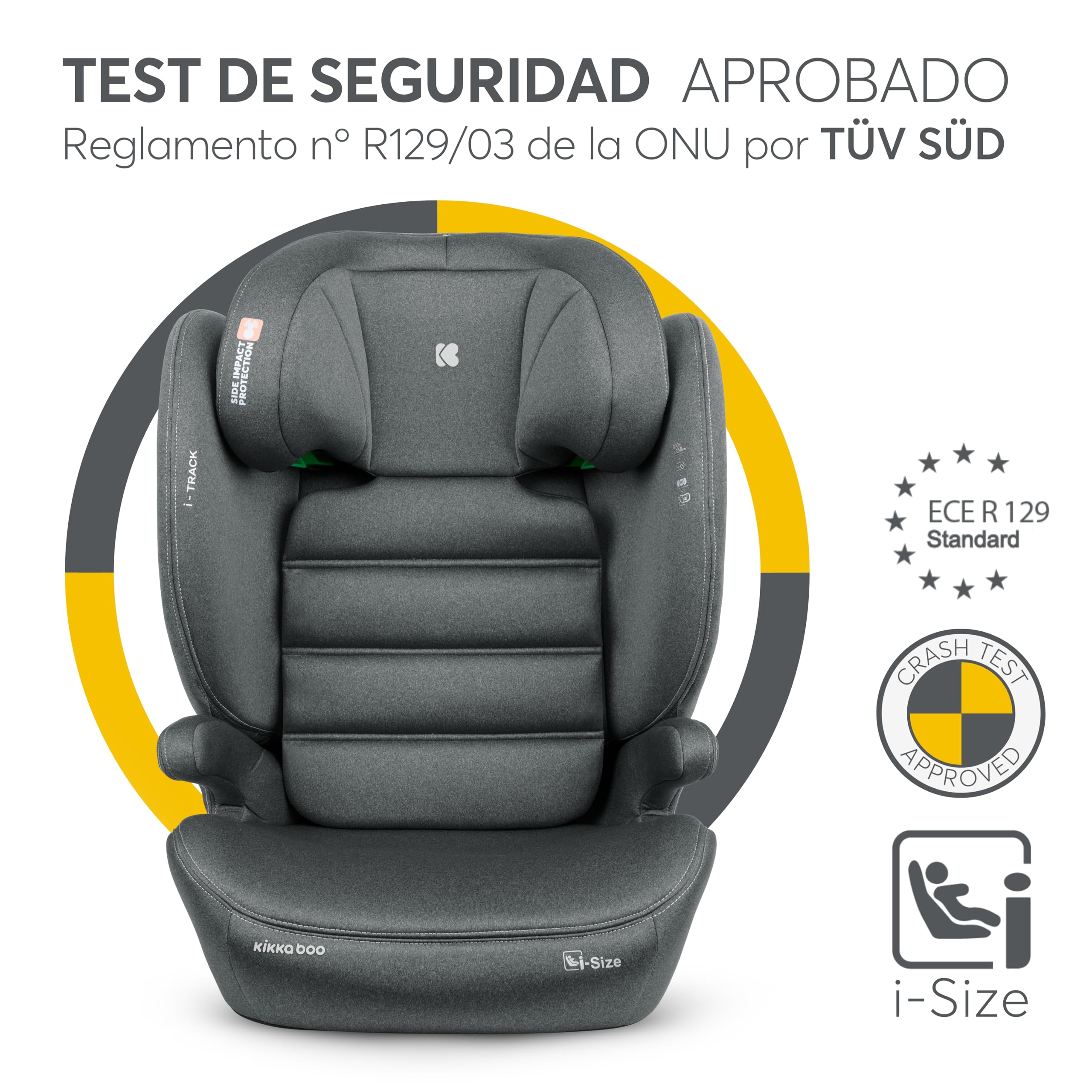 KikkaBoo Silla Coche Grupo 2-3 ISOFIX (15-36 kg) i-TRACK, Protección SPS Lateral, i-Size, 12 Posiciones Reposacabezas, Cadeira Auto Infantil, Gris