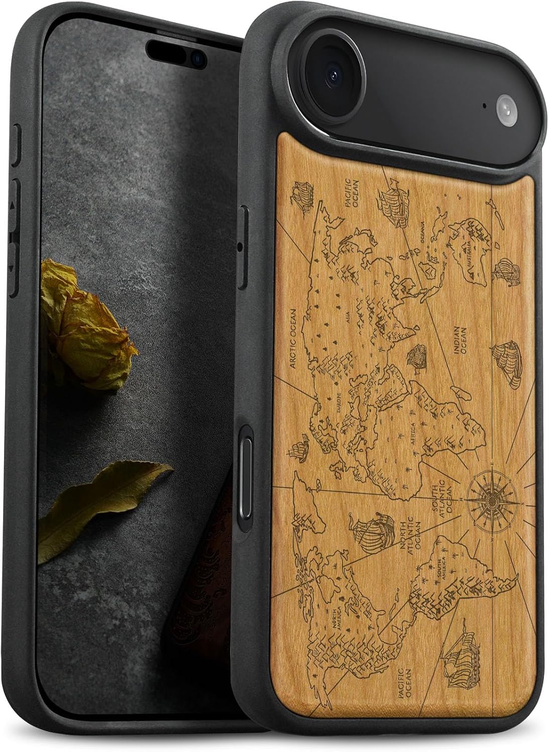 Carveit Magnetic Wooden Case for iPhone Air Case, Wood Artisan Engraved & Soft TPU Shockproof Cover, Compatible with MagSafe 17 Air Wireless Chargers (Cherry Blossom with Mount Fuji) Blackwood