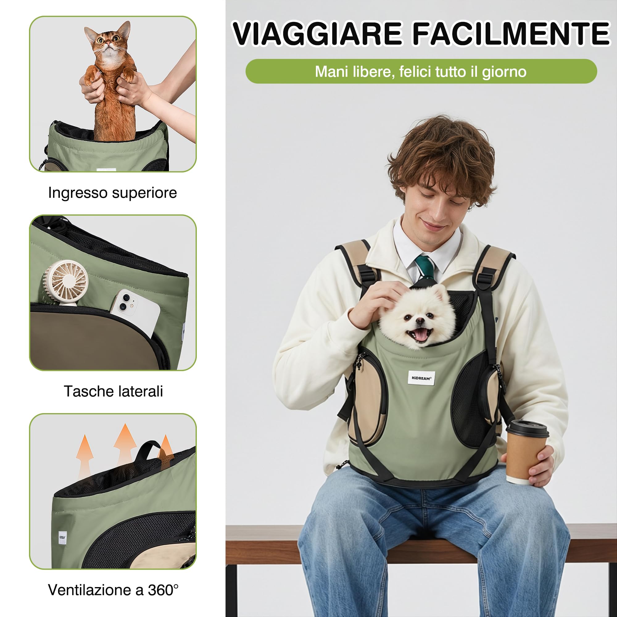 ALLSOPETS Zaino Cani Gatto, Zaino Trasportino Portatile per Animali Domestici, Verde Oliva