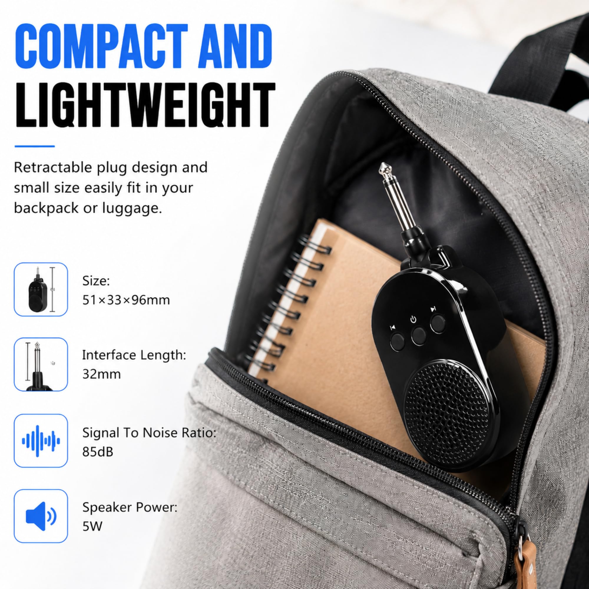 Mini Amplificatore per Chitarra 5W Bluetooth 5.0 Amplificatore Portatile Plug-in USB Ricaricabile Ruotabile a 270° con Interfaccia di Ingresso Audio TRS 1/4 (6,35 mm) p