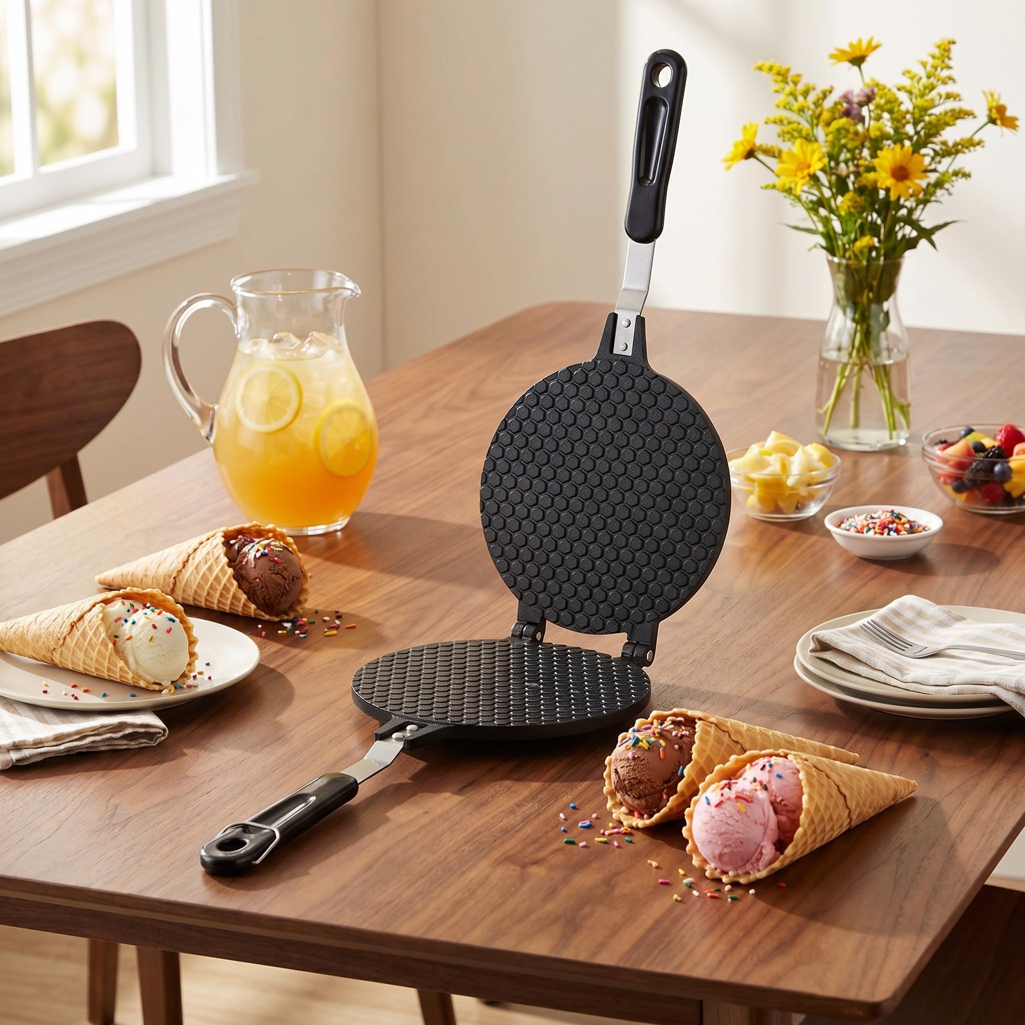 ibasenice Piastra per waffle a doppia faccia antiaderente, stampo per waffle, piastra per involtini primavera, padella fai da te per gelato, pancake, coni, omelette e dessert, ideale per la cucina di