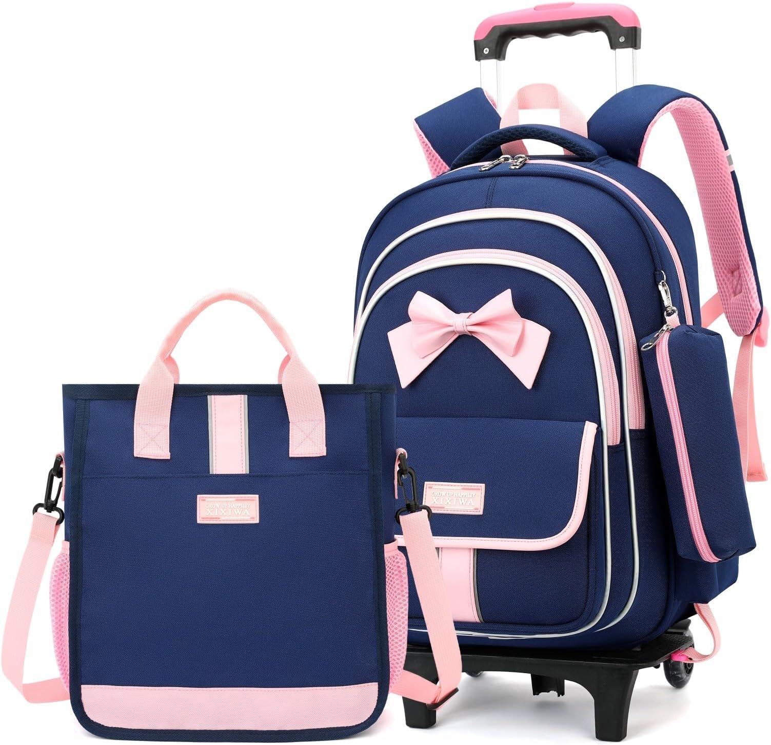 MITOWERMI ローリングバックパック 女の子用 小学生バッグ 蝶結びバックパック 車輪付き ガールズブックバッグ ハンドバッグ付き, スタイル C-3点 ダークブルー - ホイール2個, 2輪トロリー+バックパックセット