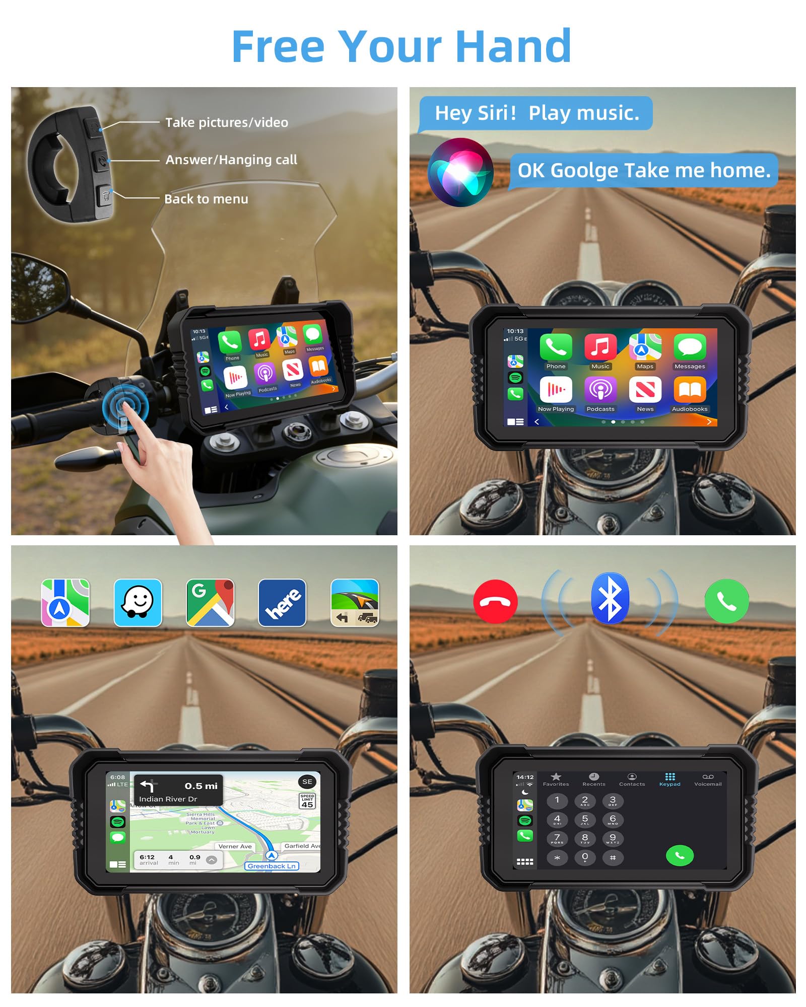 Motorcycle Carplay Android Auto 4K Dashcam 6.25" Double Camera Bluetooth IP67 GPS Navigation 64GB