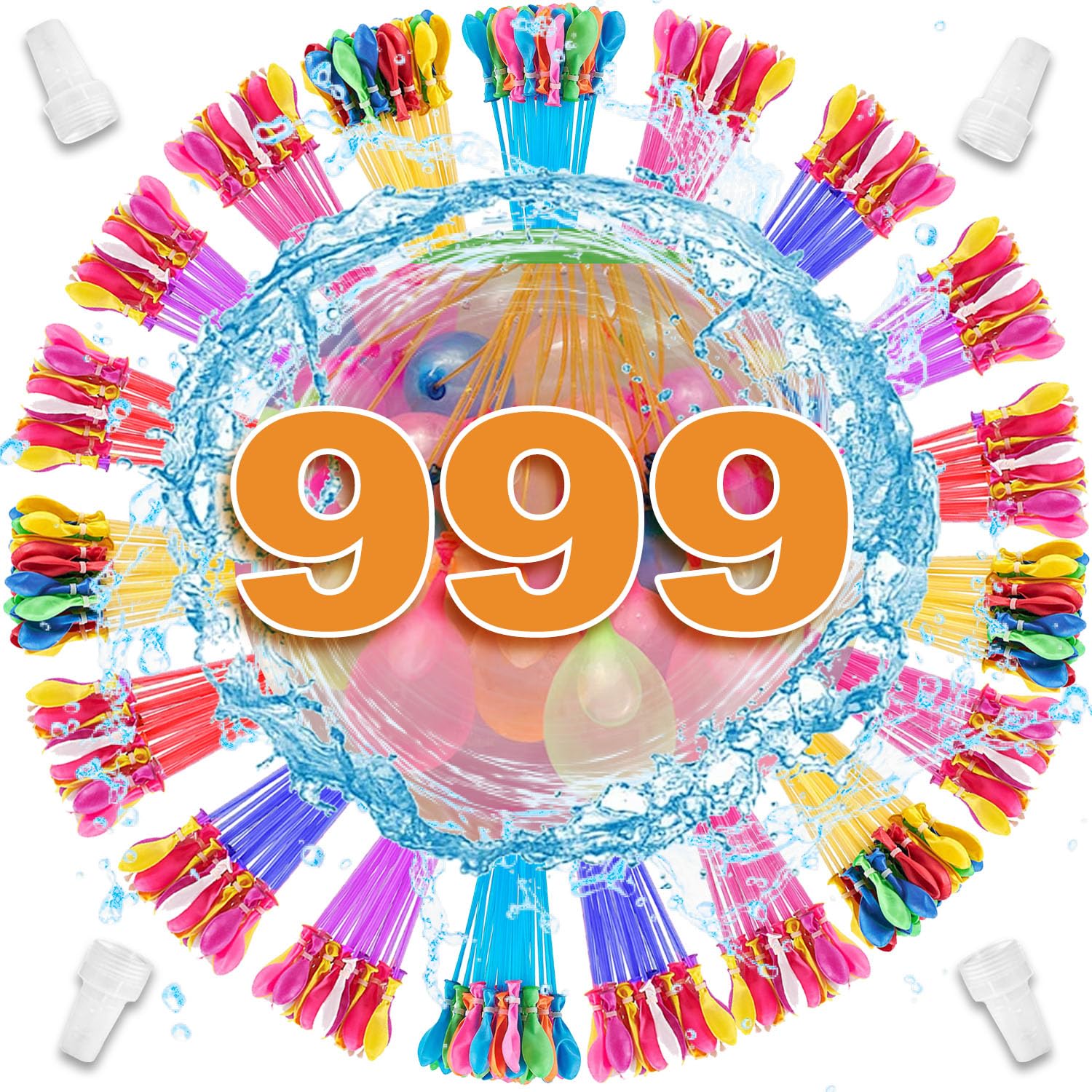 999 Stück Wasserbomben Selbstschließend,Wasserbomben Wiederverwendbar Bunte mit 4 Wasserhahn Anschluss,60 Schnellfüller,Ohne Manuelles Verknoten,Wasserballons für Strände,Poolparty