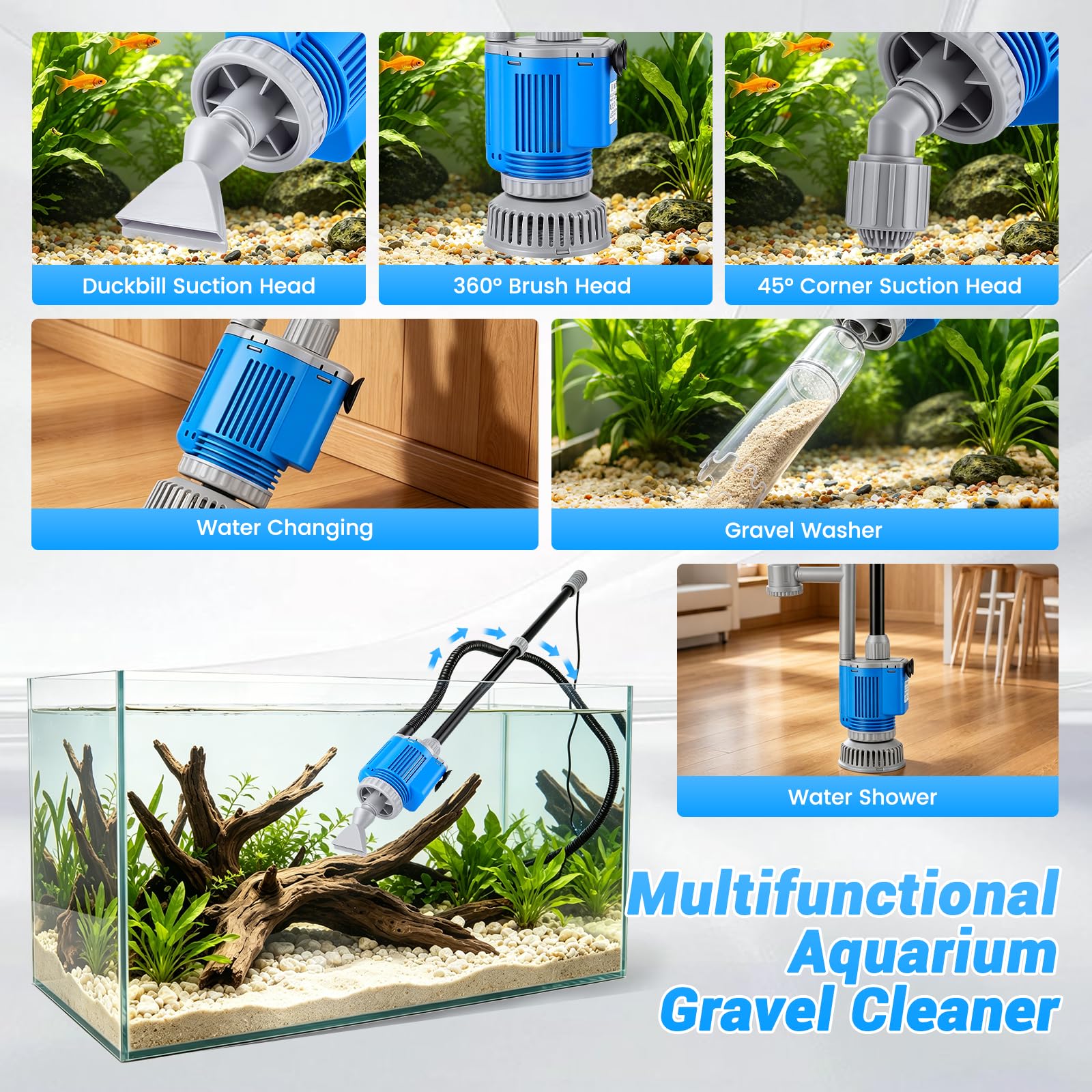 Nettoyeur Électrique pour Aquarium, Aspirateur de Gravier pour Aquarium 6 en 1 28W Nettoyage Changeur D'eau Automatique, pour Changement D'eau, Nettoyage du Sable, Élimination de la Saleté, Filtrage
