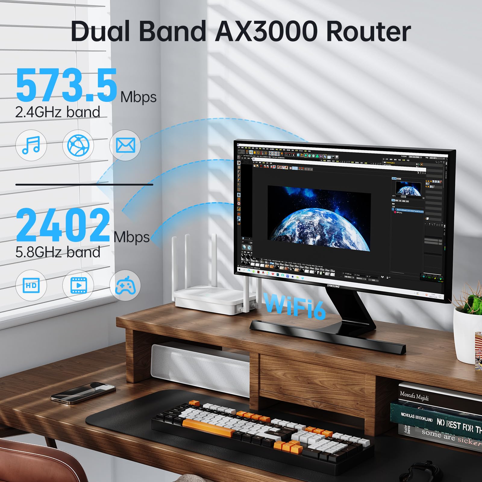 Système de Pont sans Fil avec portée de 5 km, connecteurs Double Gigabit, Alimentation PoE, routeur WiFi AX3000 et Supports d'installation réglables, kit Complet pour ponts sans Fil Point à Point