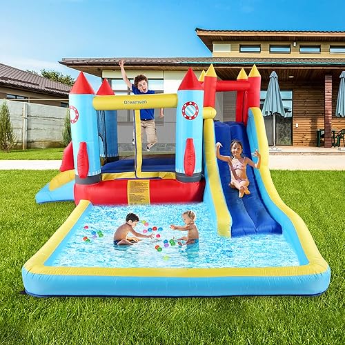 Miniatura 7 de DREAMVAN Casa inflable de rebote con soplador, castillo de salto con 2 toboganes, gorila de aventura para saltar y salpicar, multicolor, tema de
